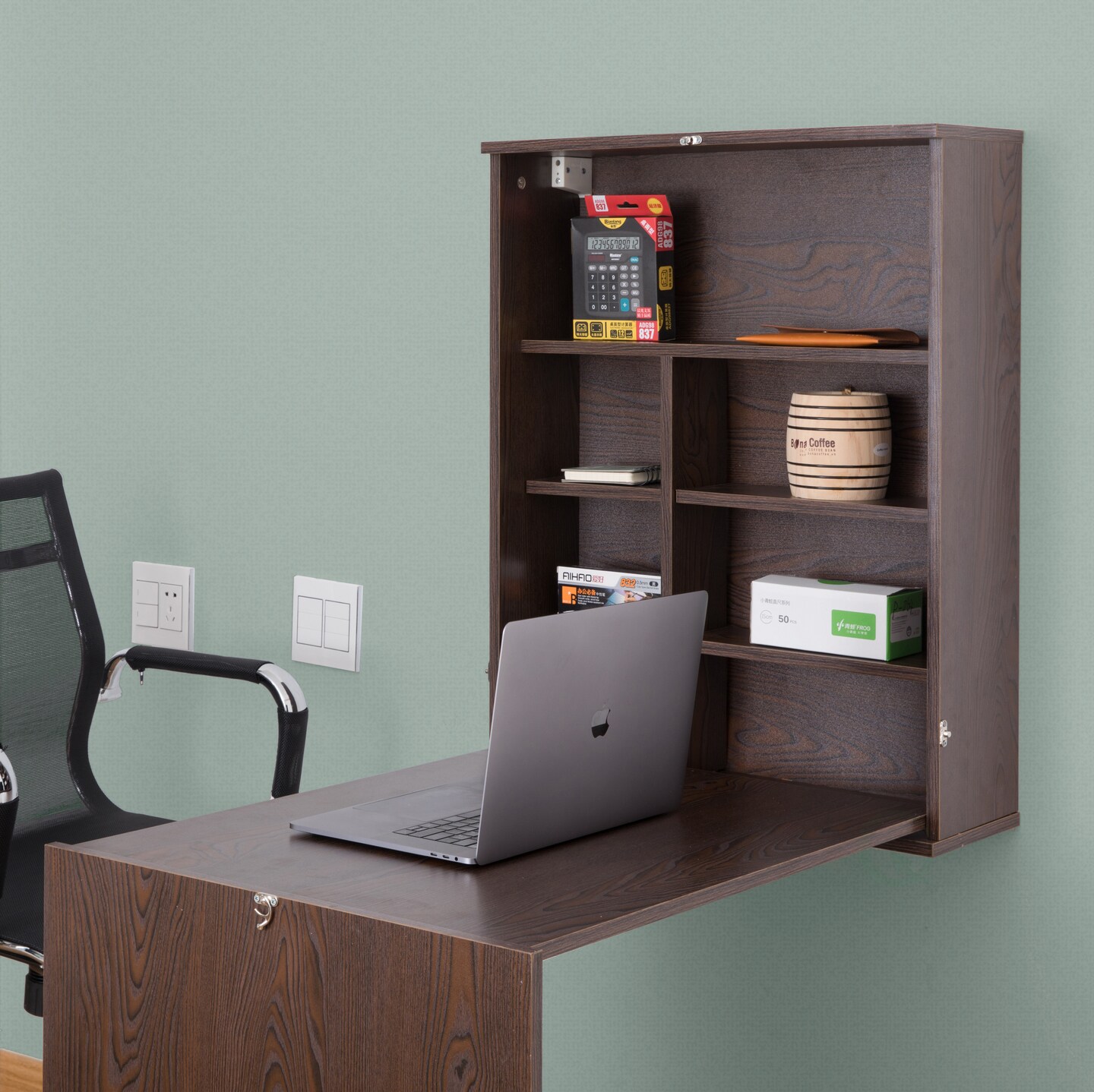 Wall Mount Laptop Fold-out Desk with Shelves