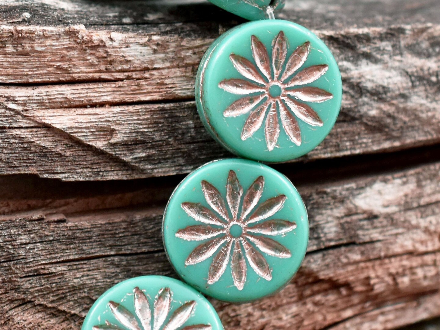 *6* 12mm Platinum Washed Opaque Turquoise Aster Flower Coin Beads