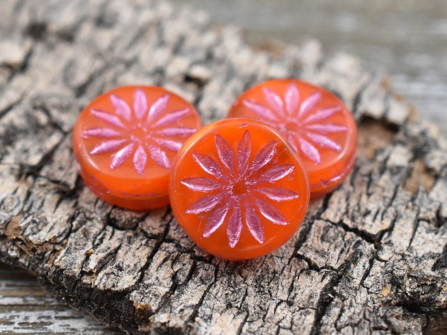 *6* 12mm Pink Washed Orange Opaline Aster Flower Coin Beads