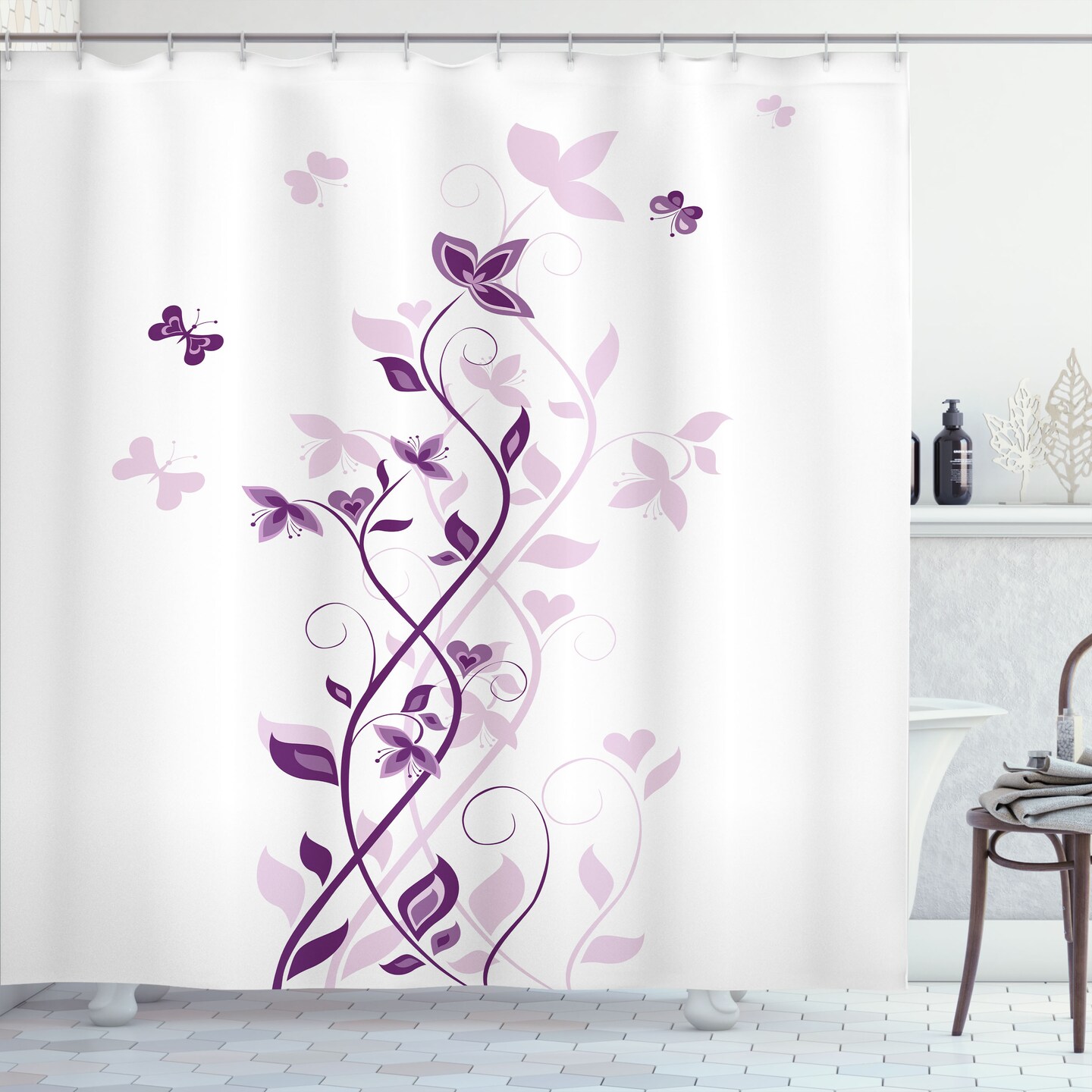 Ambesonne Purple Shower Curtain, Violet Tree Swirling Persian Lilac Blooms with Butterfly Ornamental Plant Graphic, Cloth Fabric Bathroom Decor Set with Hooks, 69" W x 84" L, Purple White