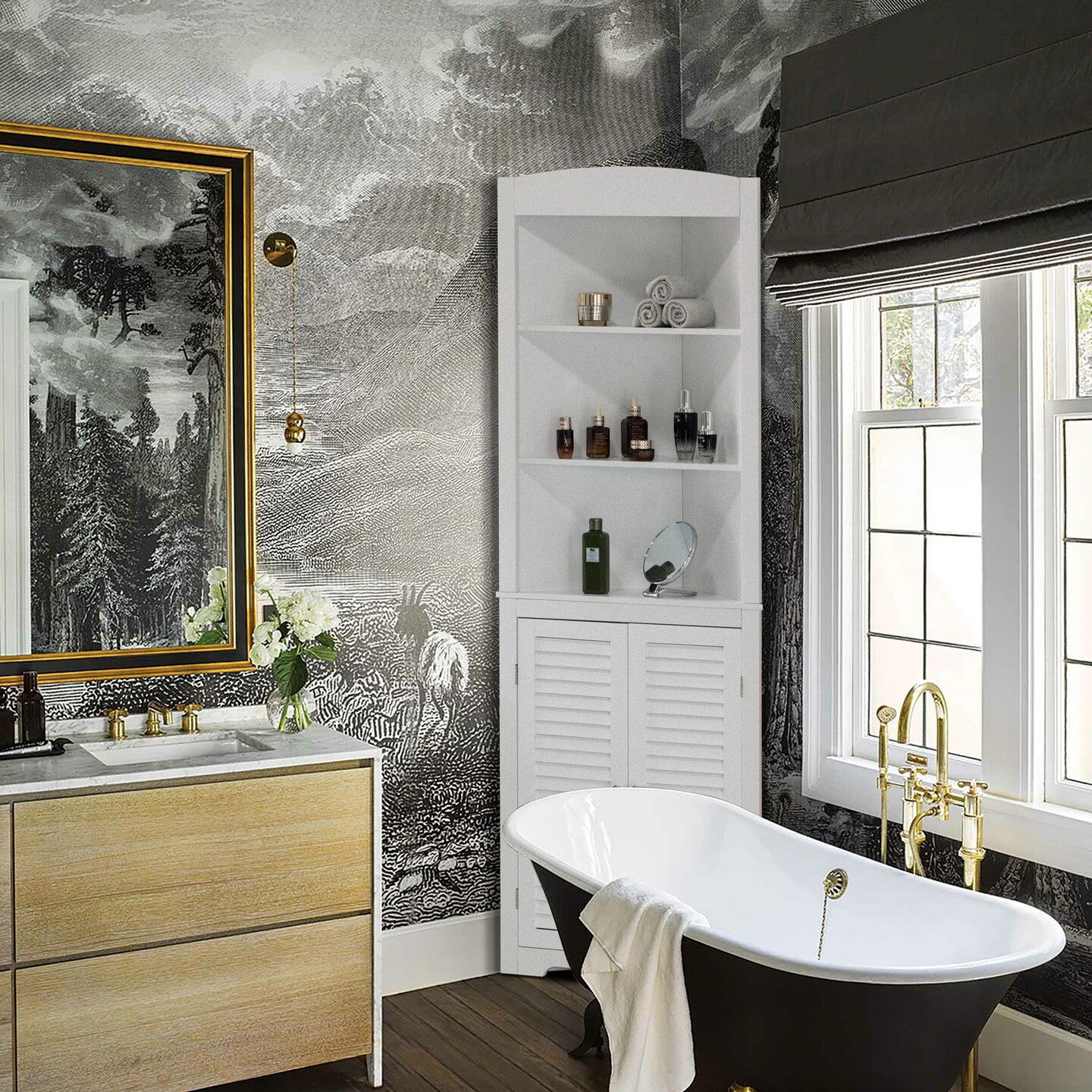 White Standing Storage Corner Cabinet Organizer with 3 Open Shelf and Double Shutter Doors