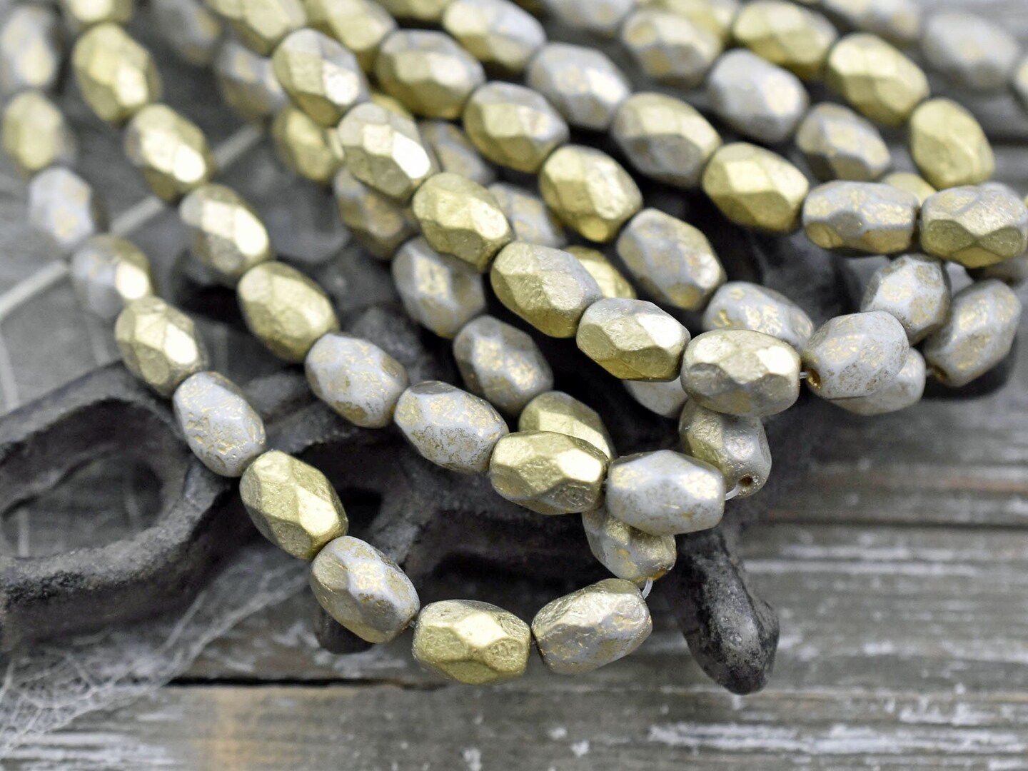 *20* 6x8mm Gold Washed Etched Ash Grey Faceted Oval Beads