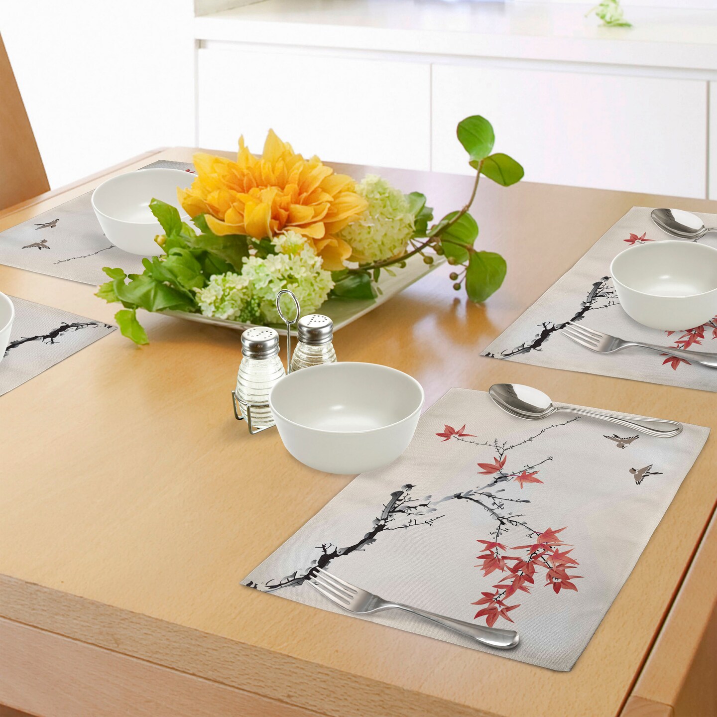 Ambesonne Japanese Place Mats Set of 4, Cherry Blossom Sakura Tree Branches Romantic Spring Themed Watercolor Picture, Washable Fabric Placemats for Dining Table, Standard Size, Black and Coral