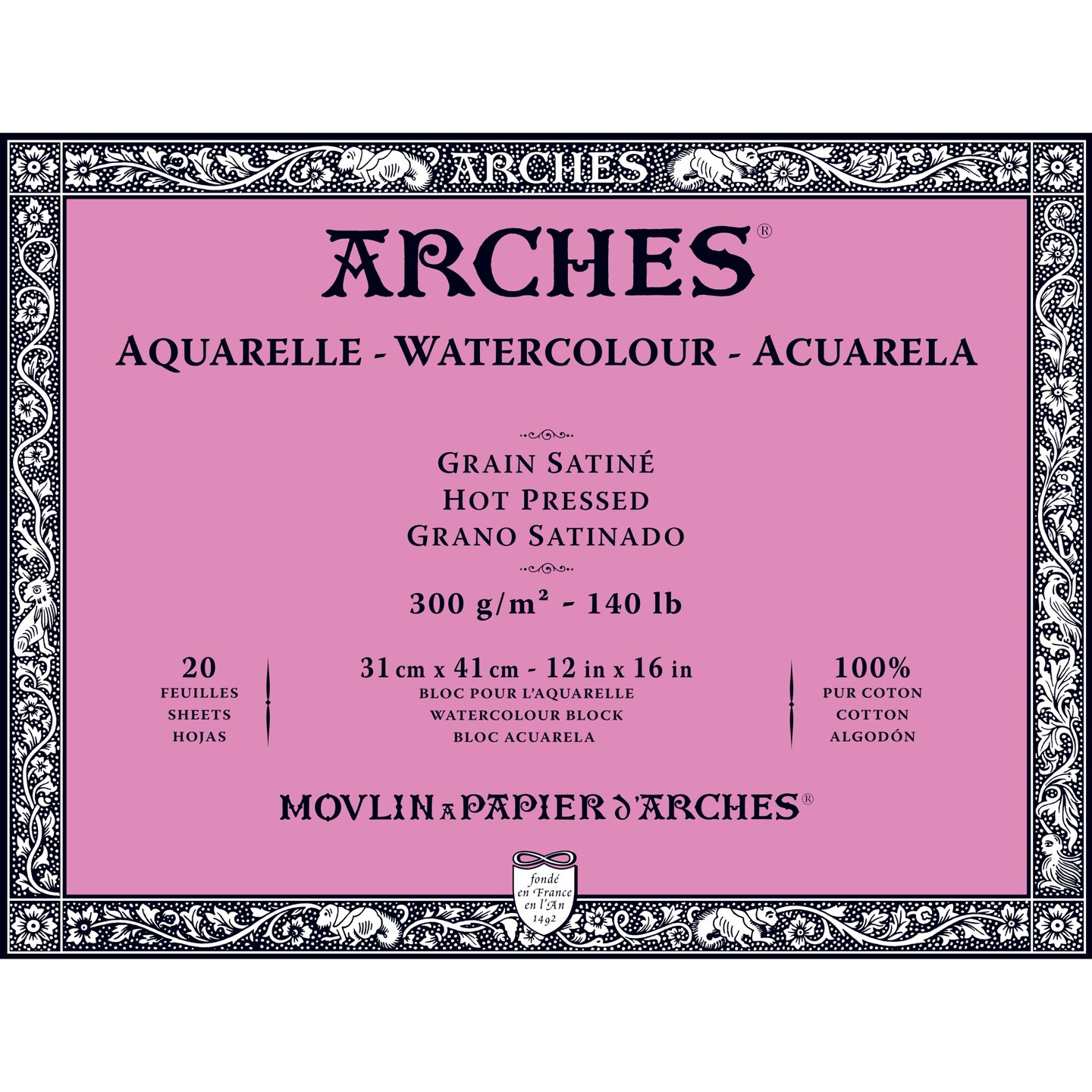 Arches Watercolor Block 12x16-inch Natural White 100% Cotton Paper - 20 Sheets of 140 lb Arches Hot Press Watercolor Paper - Arches Art Paper for Watercolor Gouache Ink Acrylic and More