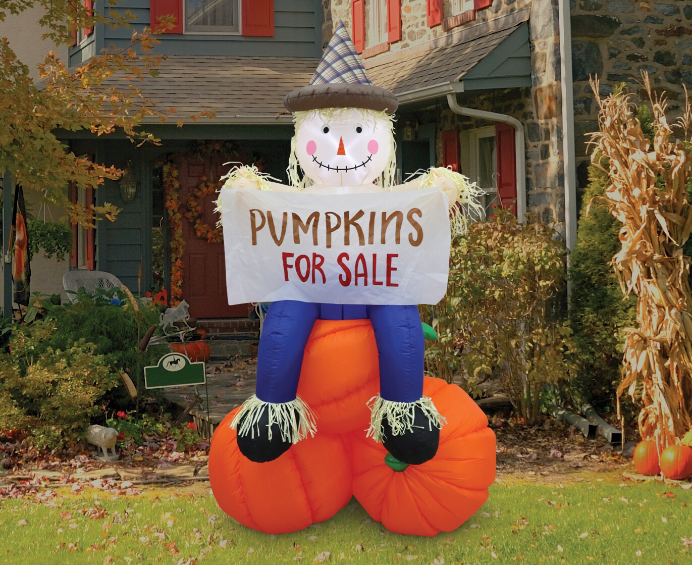 7.5&#x27; Air Blown Inflatable Thanksgiving Scarecrow sitting on Pumpkin w/ Banner GTF00047-75