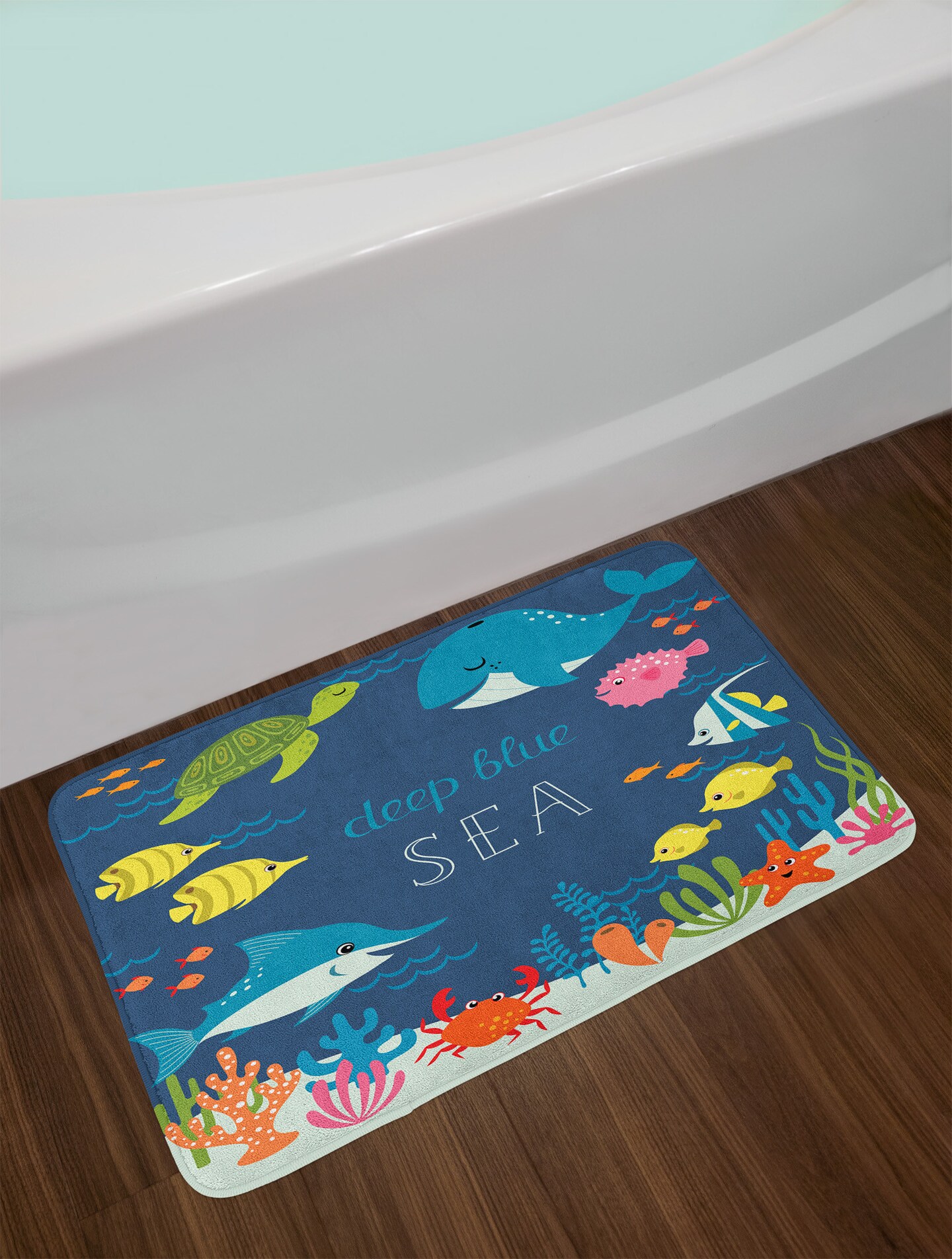 Ambesonne Cartoon Bath Mat, Underwater Graphic Algaes Coral Reefs Turtles Fishes The Life Aquatic, Plush Bathroom Decor Mat with Non Slip Backing, 29.5&#x22; X 17.5&#x22;, Navy Green