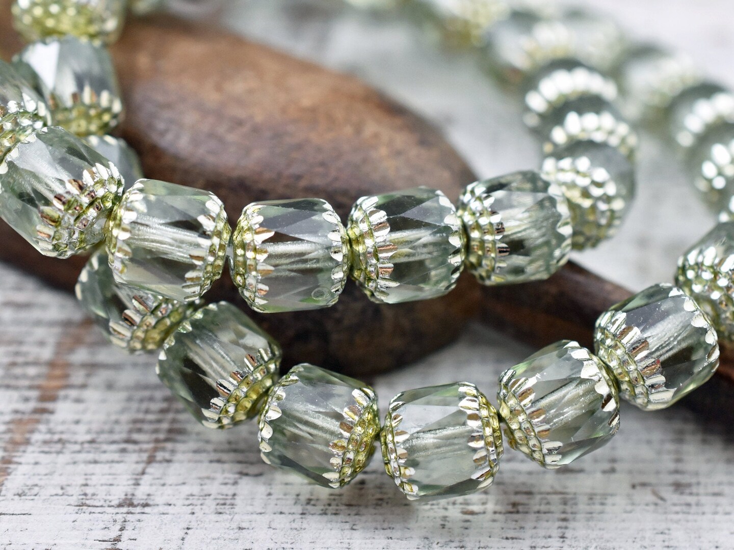 *6* 10mm Silver Washed Celadon Green Fire Polished Cathedral Beads