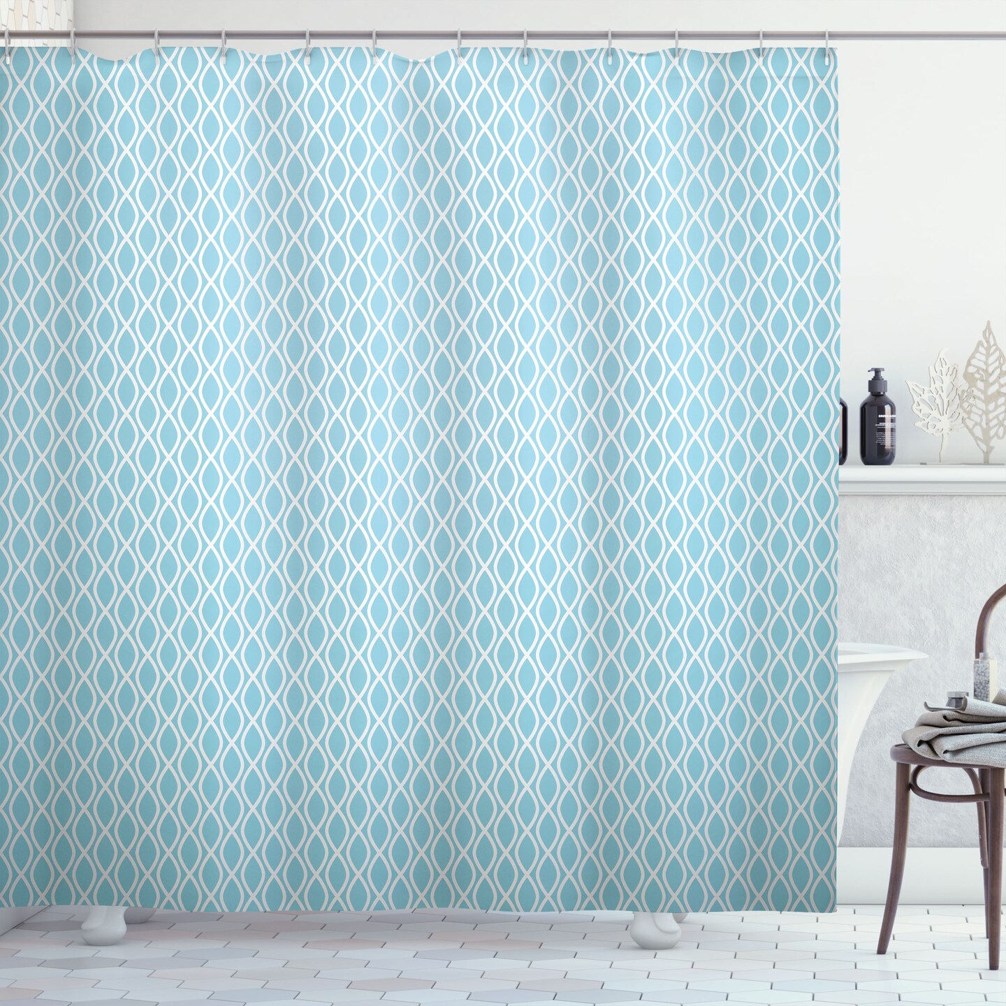 Ambesonne Modern Shower Curtain, Pool Water Wavy Lines Circled Web Like Design with Backdrop Art Print, Cloth Fabric Bathroom Decor Set with Hooks, 69&#x22; W x 84&#x22; L, Pale Blue and White