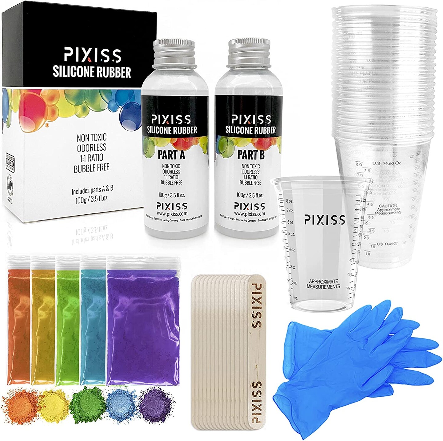 Silicone Rubber Mold Making Kit 200g/7oz, Mica Powders, Mixing Sticks, Gloves, Rubber