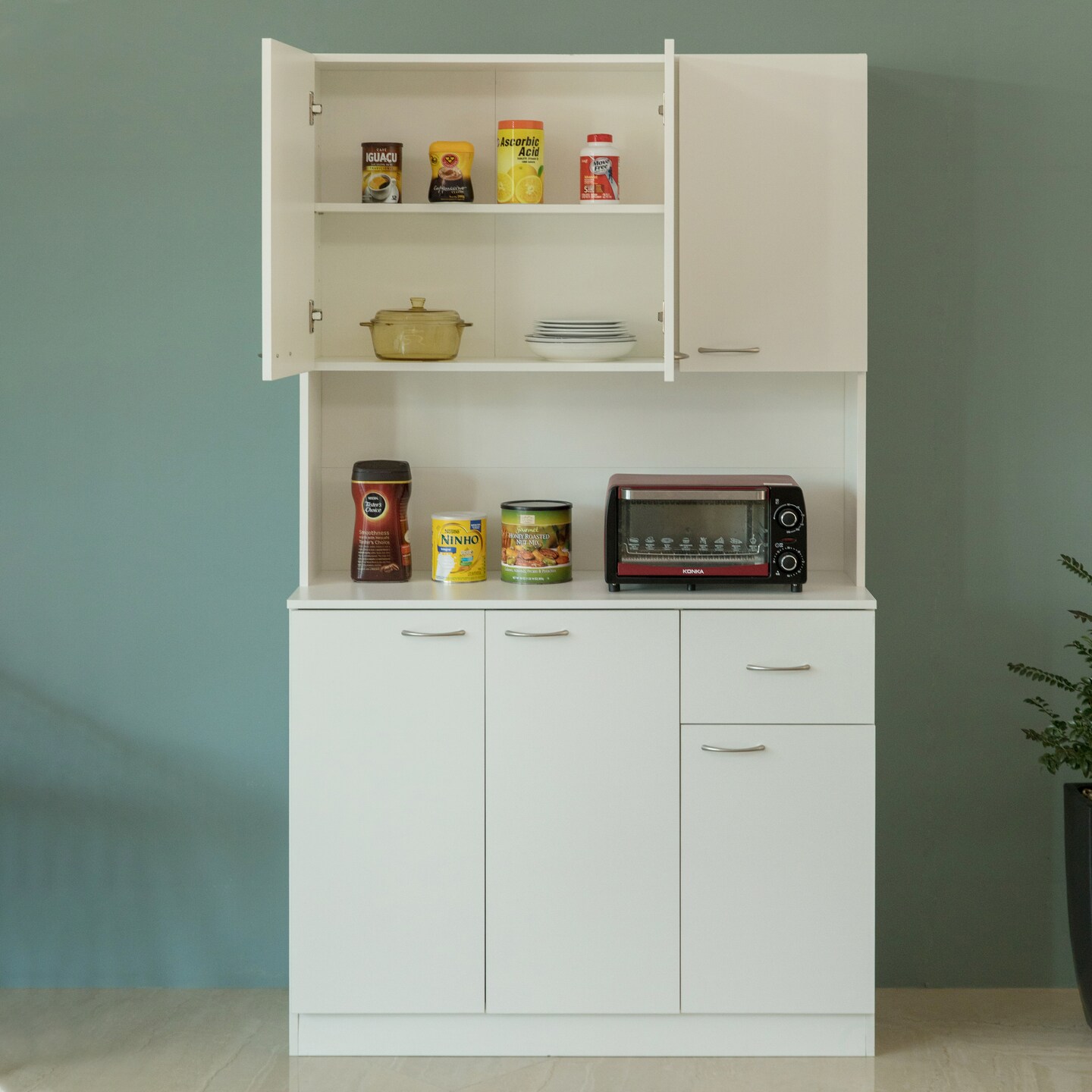 Kitchen Pantry Storage Cabinet with Drawer, Doors and Shelves, White