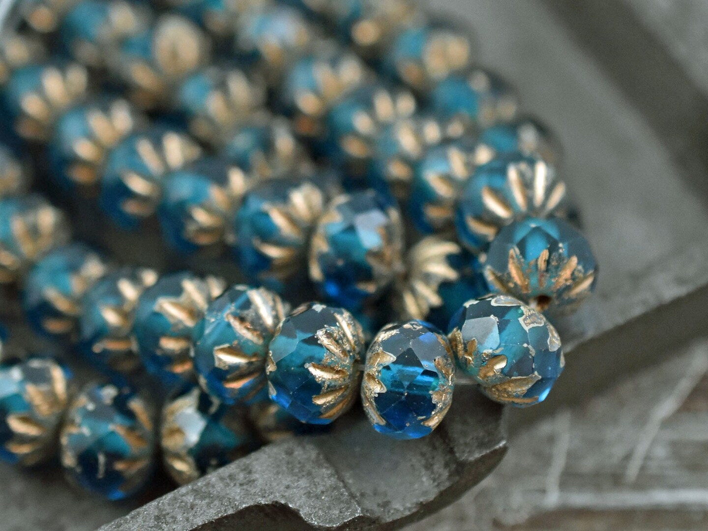 *25* 6x9mm Etched Gold Washed Pacific Blue Cruller Rondelle Beads