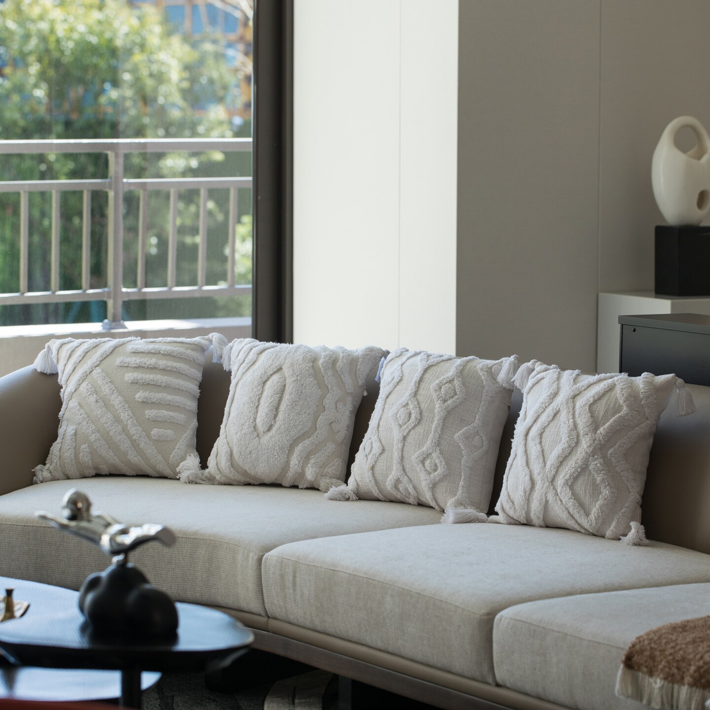 16" Handwoven Cotton Throw Pillow Cover with White on White Tufted Design and Tassel Corners