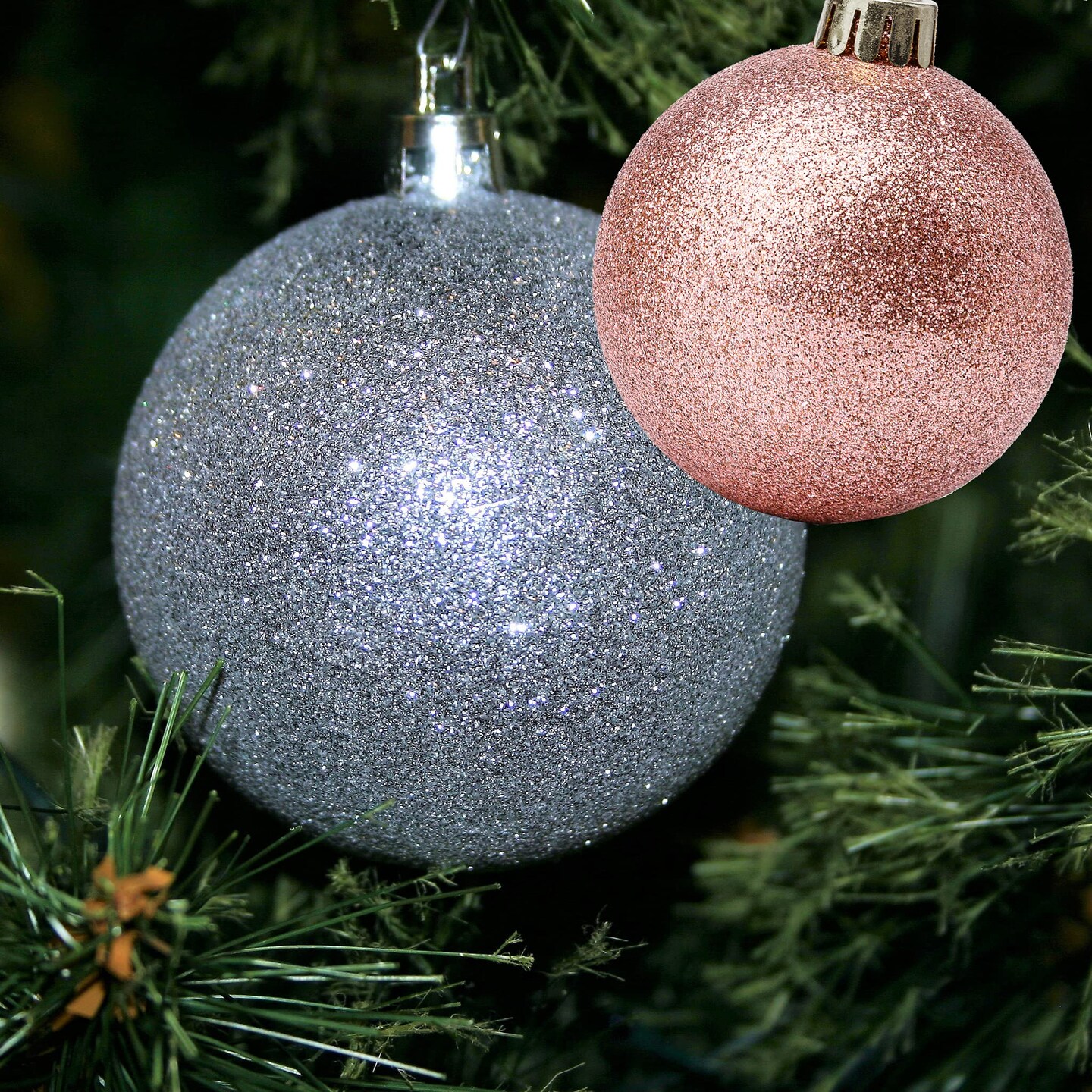 R N&#x27; D Toys 100 Rose Gold and Silver Christmas Ornament Balls Shatterproof + 100 Metal Ornament Hooks, Hanging Ornaments for Indoor/Outdoor Christmas Tree, Holiday Party, Home D&#xE9;cor