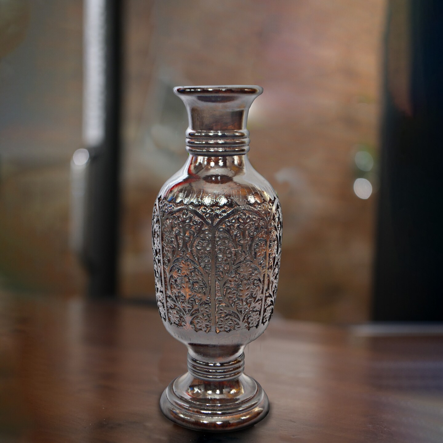 Antique Decorative Hand Curved Brown Mango Wood Table Flower Vase with Unique Textured Pattern, 24 Inch