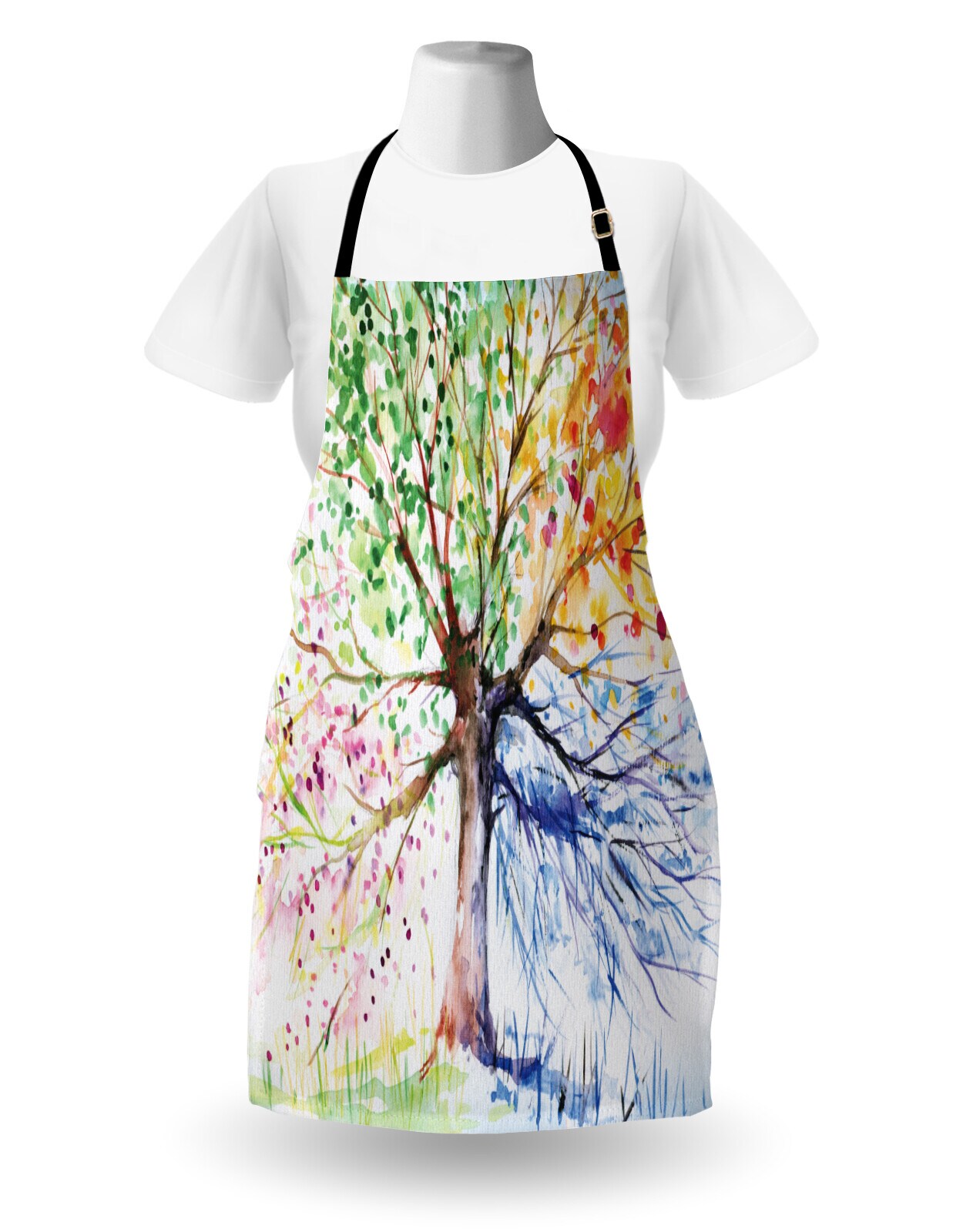 Ambesonne Tree Apron, Watercolor Nature Colorful Blooming Branches 4 Seasons Themed Illustration Print, Unisex Kitchen Bib with Adjustable Neck for Cooking Gardening, Adult Size, Multicolor