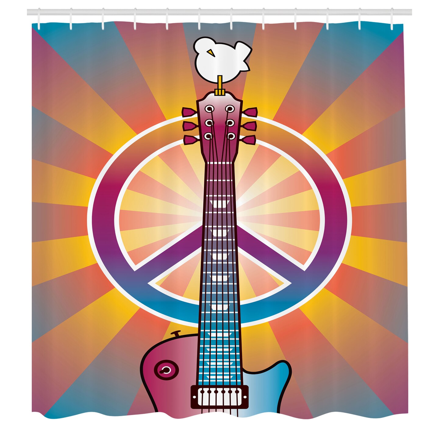 Ambesonne Retro Shower Curtain, Colorful Guitar and Peace and Dove Dedicated to The Woodstock Tribute, Cloth Fabric Bathroom Decor Set with Hooks, 69&#x22; W x 70&#x22; L, White Indigo Multicolor