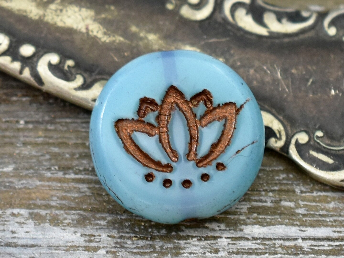 *12* 14mm Dark Bronze Washed Blue Silk Lotus Flower Coin Beads