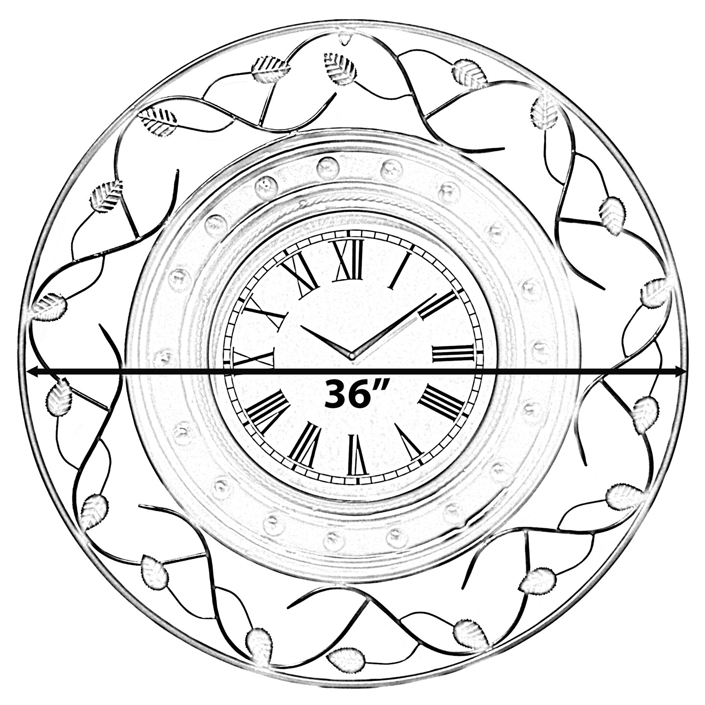 Vintage Roman Numerical 36 in Wall Clock with Elegant Black Metal Leaf Design Frame - for Dining, Living Room, or Kitchen - Antique Style, Large Numbers, Unique Wall Art, Traditional Clock