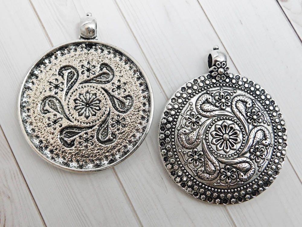 Antique Silver Boho Medallion Pendant 71x59mm