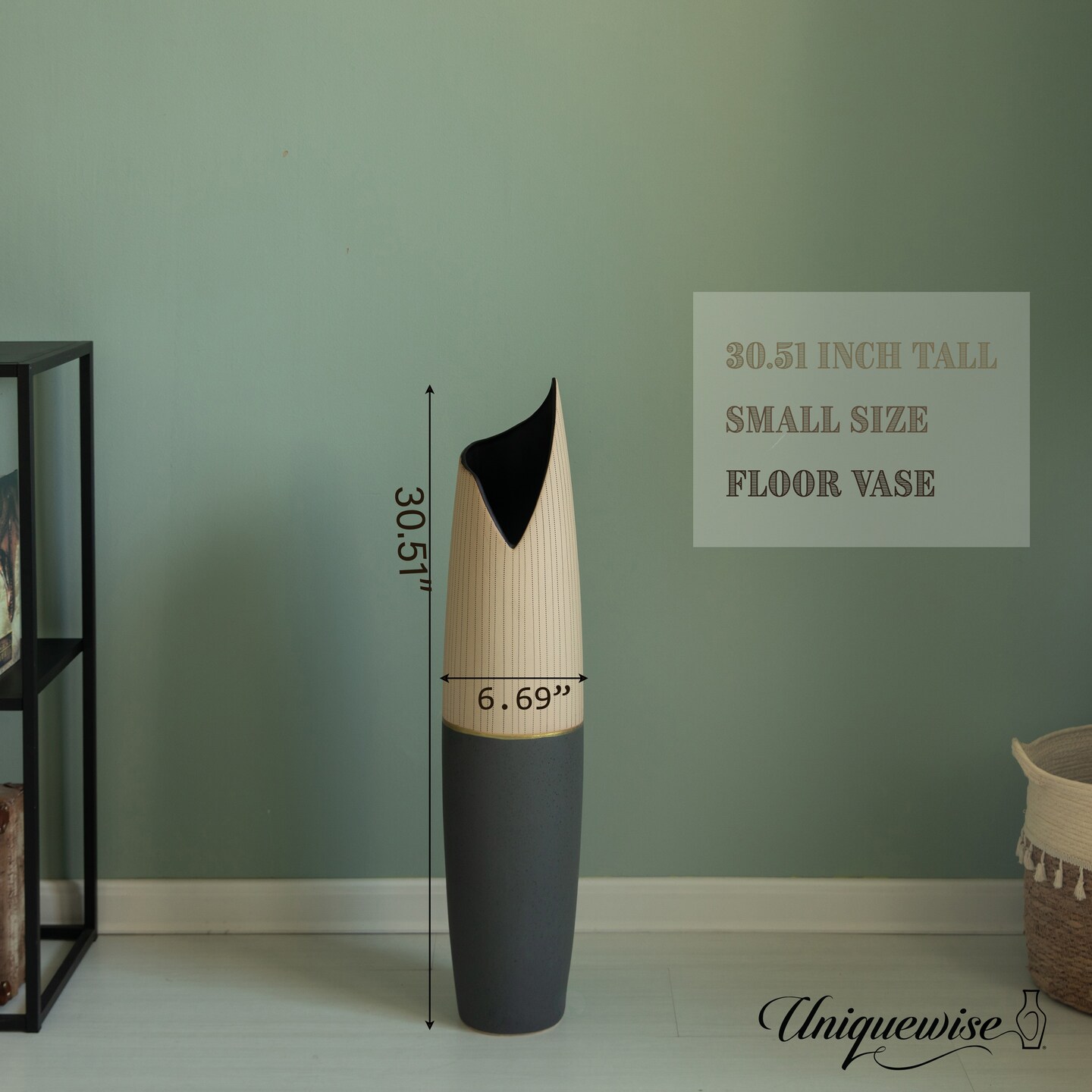  Freestanding Ceramic Floor Vase - Handcrafted Beige Polka Dot Striped Top and Black Bottom, Large Waterproof Vase for Tall Floral Arrangements, Unique Shaped Flower Holder