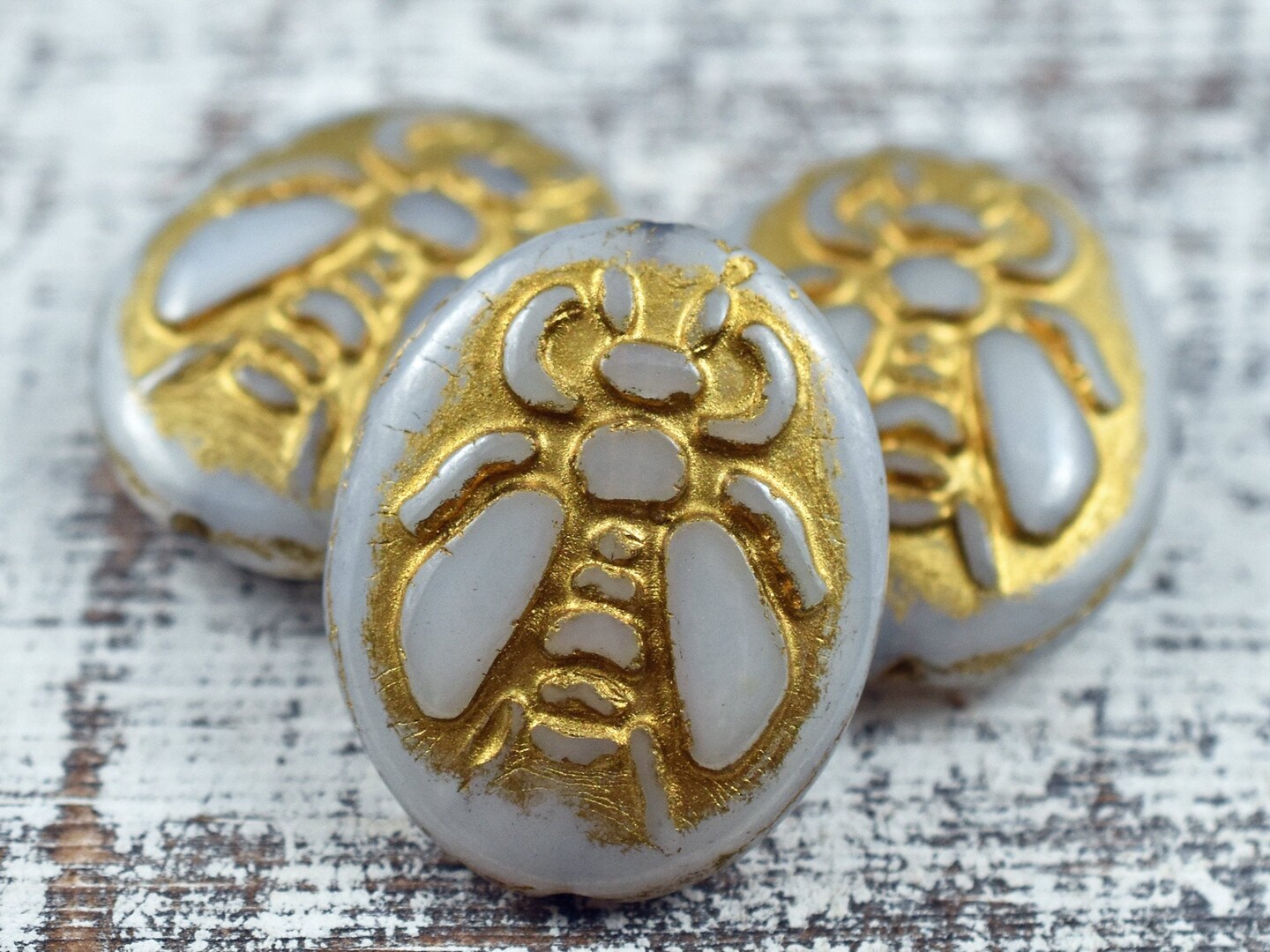 *2* 22x18mm Gold Washed Grey Silk Bumblebee Oval Beads