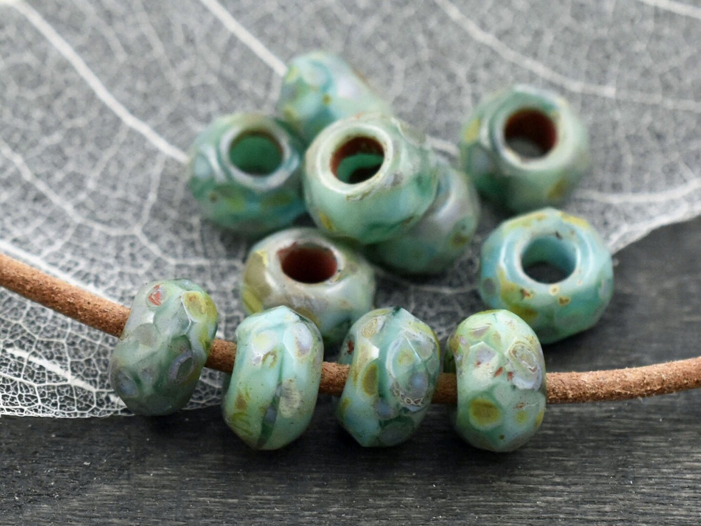 *10* 5x8mm Green Turquoise Picasso Faceted Large Hole Rondelle Roller Beads, Women's