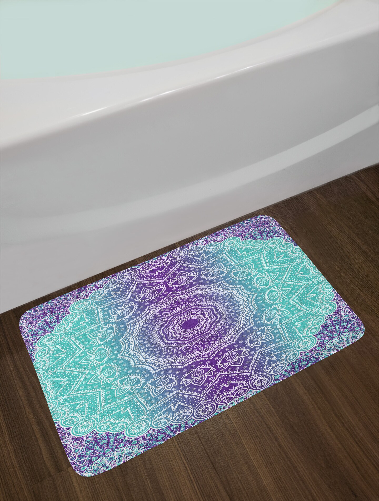Ambesonne Purple and Turquoise Bath Mat, Hippie Ombre Mandala Inner Peace and Meditation with Ornamental Art, Plush Bathroom Decor Mat with Non Slip Backing, 29.5" X 17.5", Purple Aqua