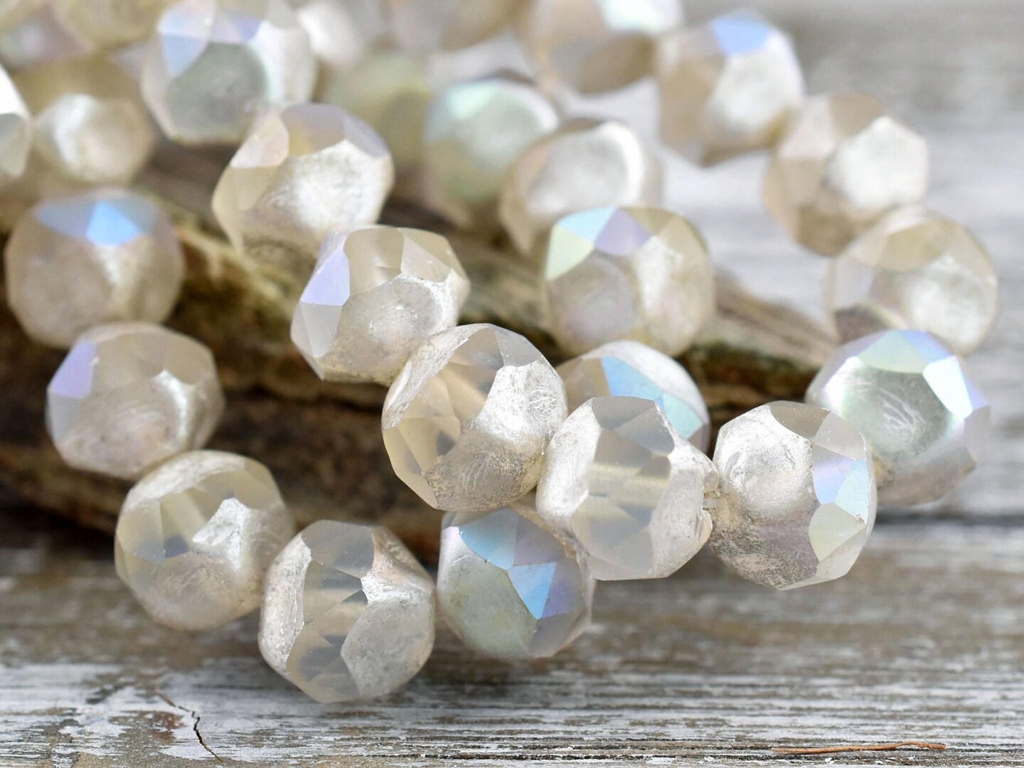 *15* 9mm Antique Silver AB Washed Crystal Central Cut Round Beads