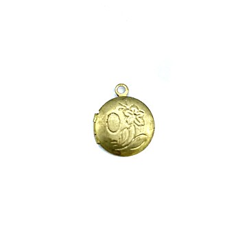 Vintage Raw Brass Circle Locket With Floral Design ~ 13mm X 16mm (4x) (V245)