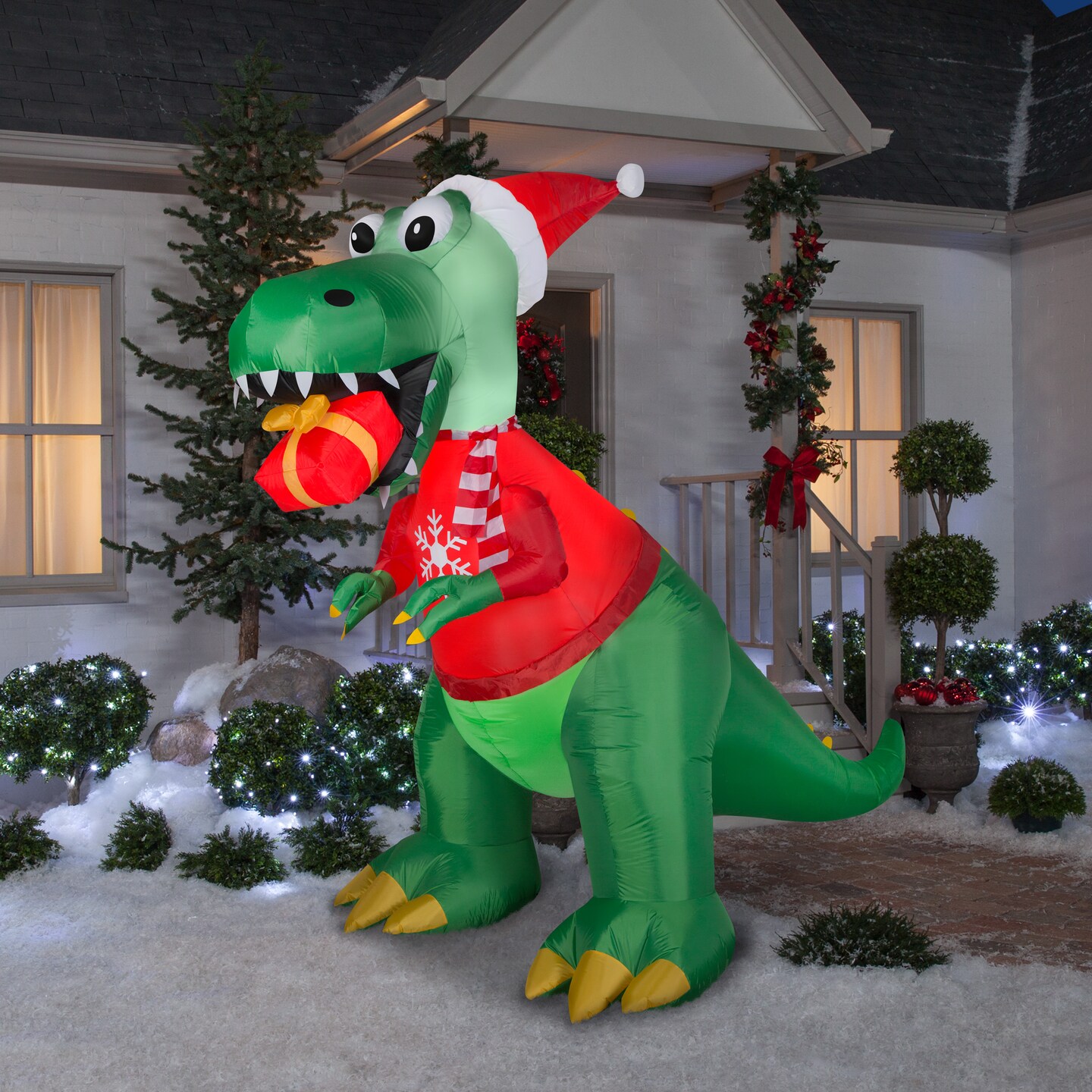 8.5&#x27; Gemmy Airblown Inflatable Christmas T-Rex Dinosaur w/ Gift 881903