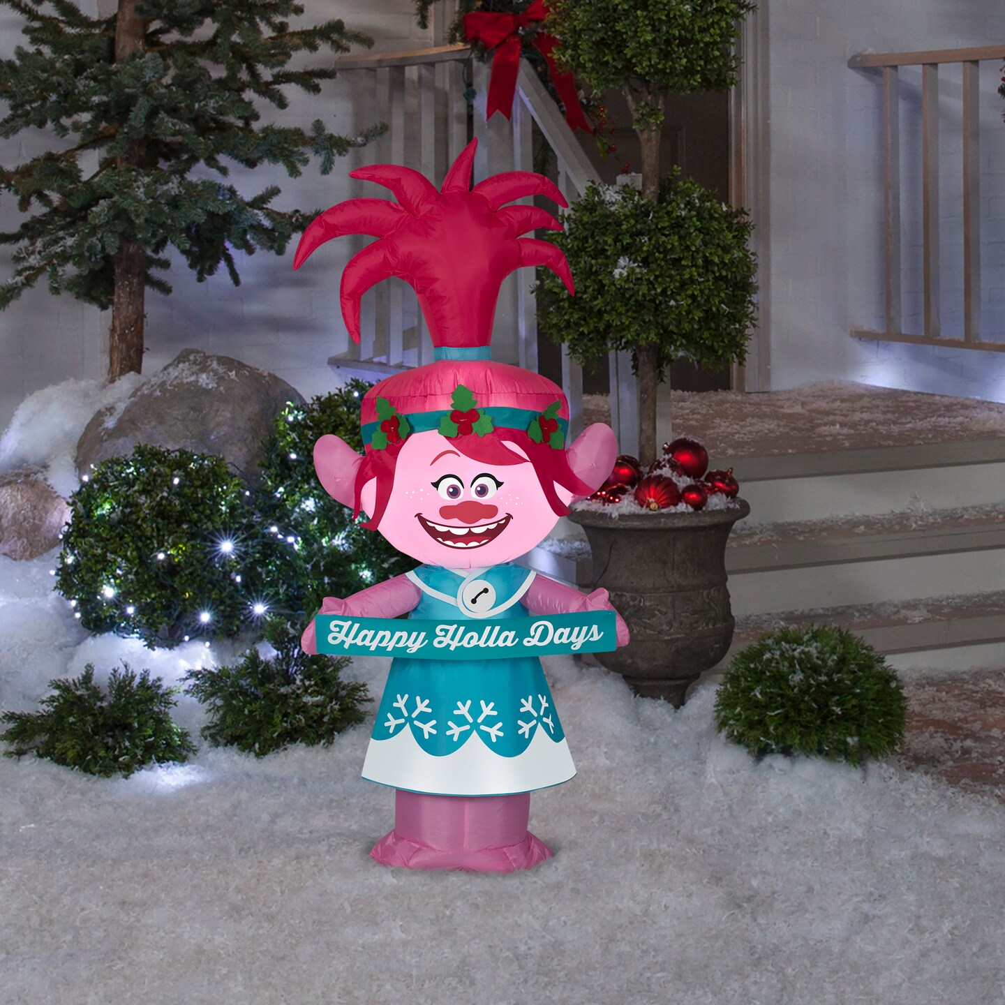 4&#x27; Gemmy Airblown Inflatable Troll&#x27;s Queen Poppy in Christmas Outfit w/ Banner 117573