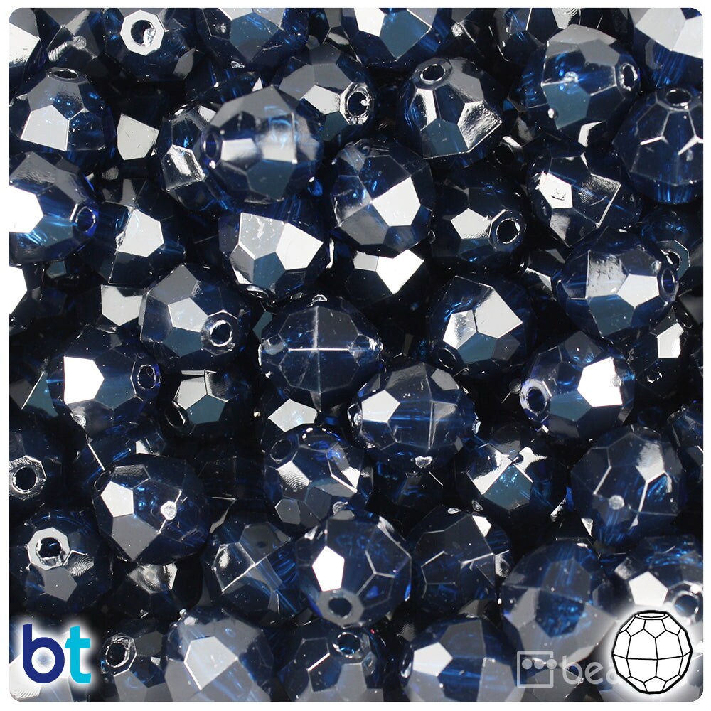 BeadTin Montana Blue Transparent 12mm Faceted Round Plastic Craft Beads (180pcs)