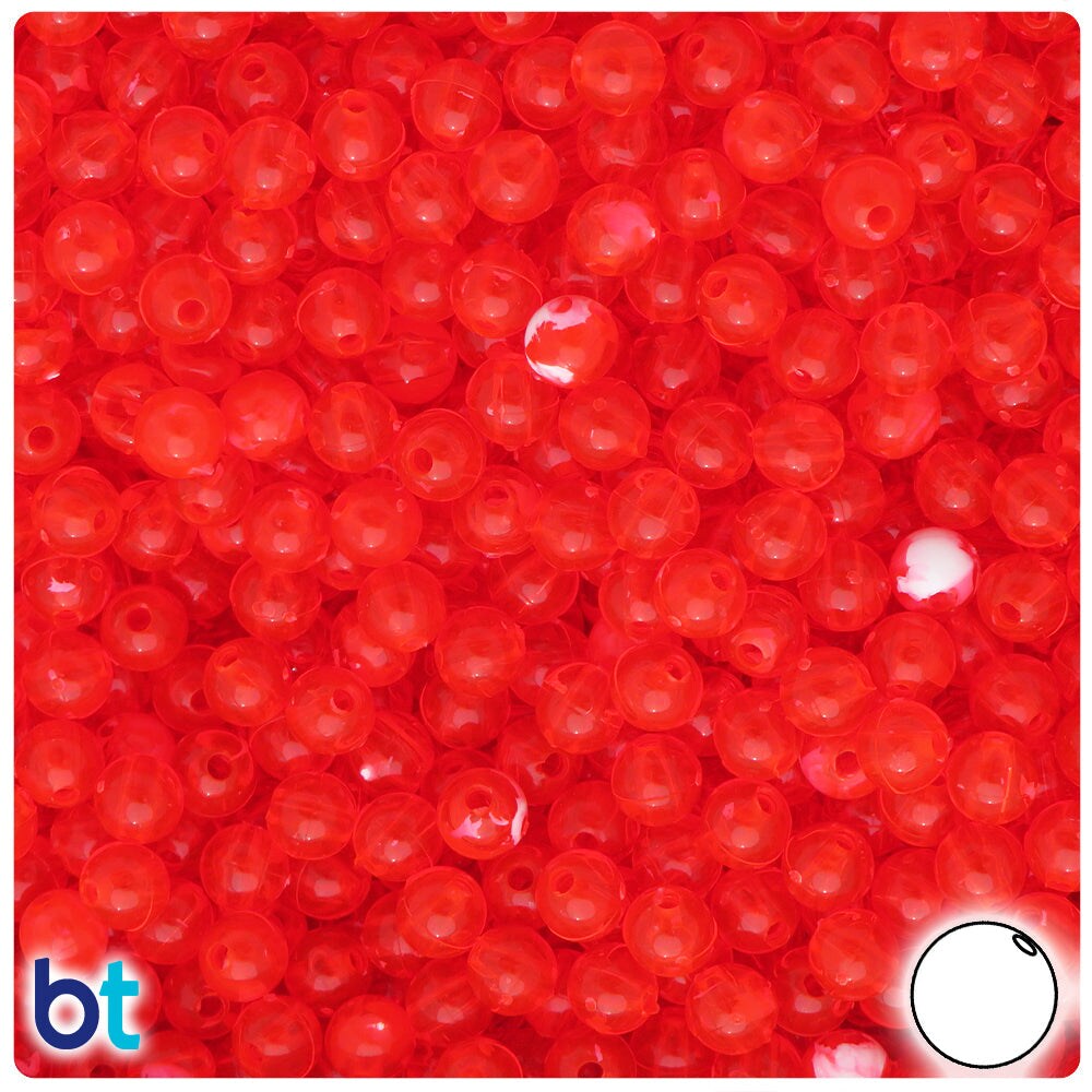 BeadTin Fire Red Transparent w/White Swirls 6mm Round Plastic Craft Beads (500pcs)