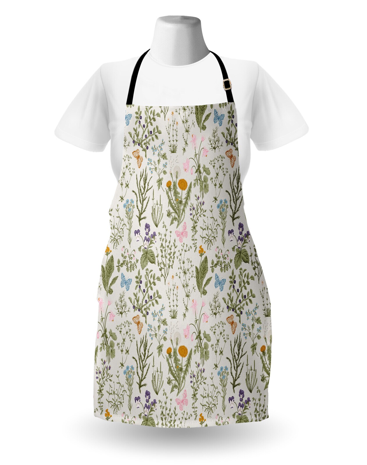 Ambesonne Floral Apron, Vintage Garden Plants Herbs Flowers Botanical Classic Design Art, Unisex Kitchen Bib with Adjustable Neck for Cooking Gardening, Adult Size, Reseda Green Beige