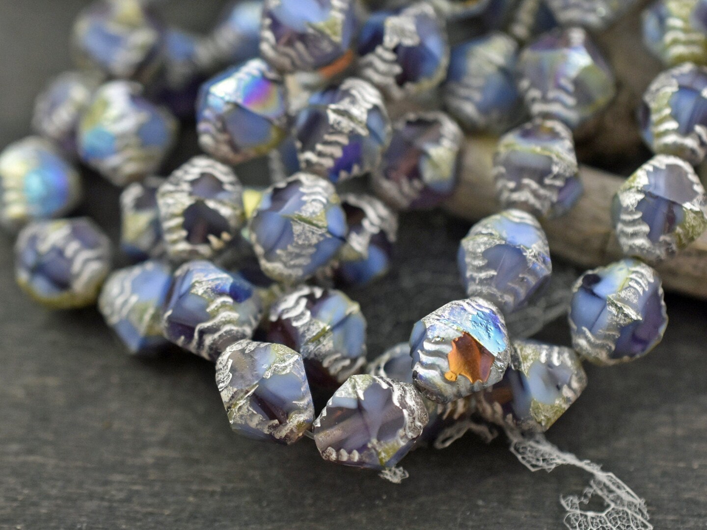 *15* 10x8mm Antique  Silver Washed Cornflower Violet AB Faceted Bicone Beads