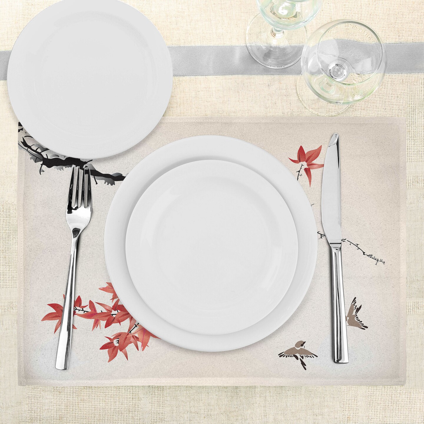 Ambesonne Japanese Place Mats Set of 4, Cherry Blossom Sakura Tree Branches Romantic Spring Themed Watercolor Picture, Washable Fabric Placemats for Dining Table, Standard Size, Black and Coral
