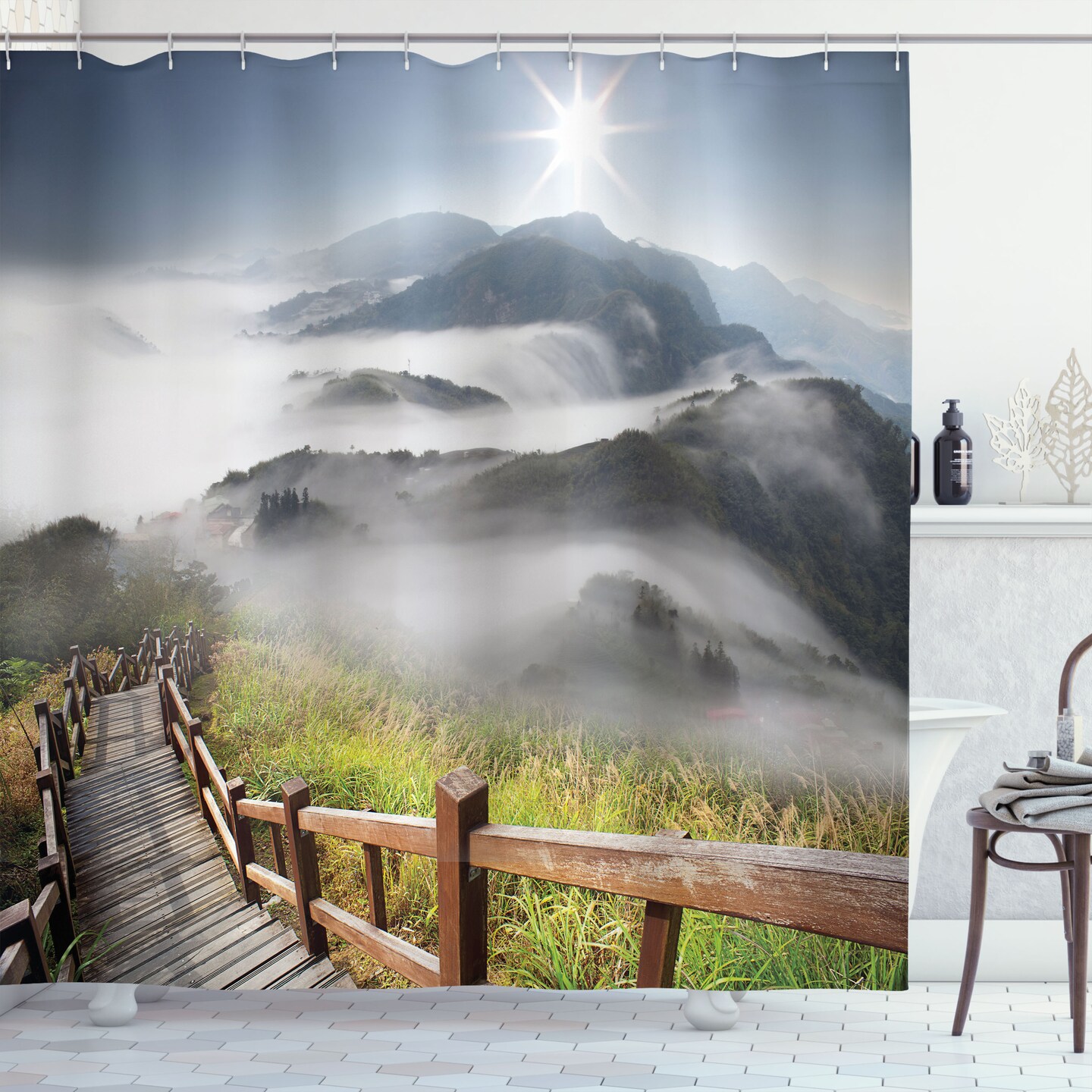 Ambesonne Misty Shower Curtain, Nature Photo of Foggy Mountains Grassy Land and Long Wooden Pier Stairs at Daytime, Cloth Fabric Bathroom Decor Set with Hooks, 69" W x 70" L, Slate Blue