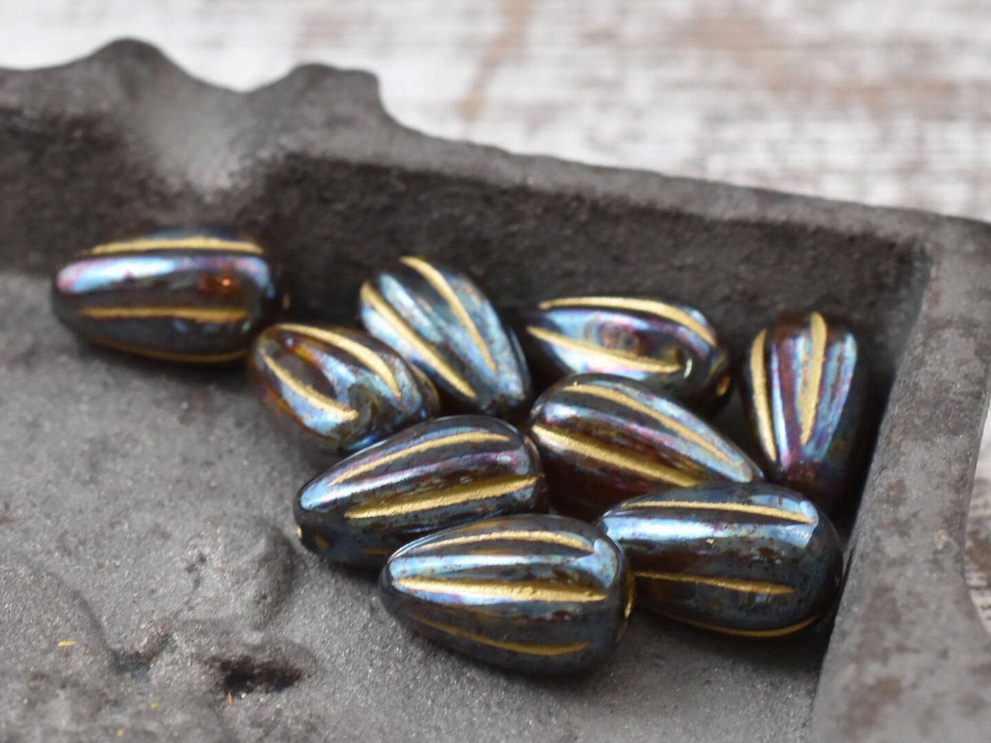 *6* 8x12mm Bronze Washed Root Beer Amber Iris Melon Drop Beads