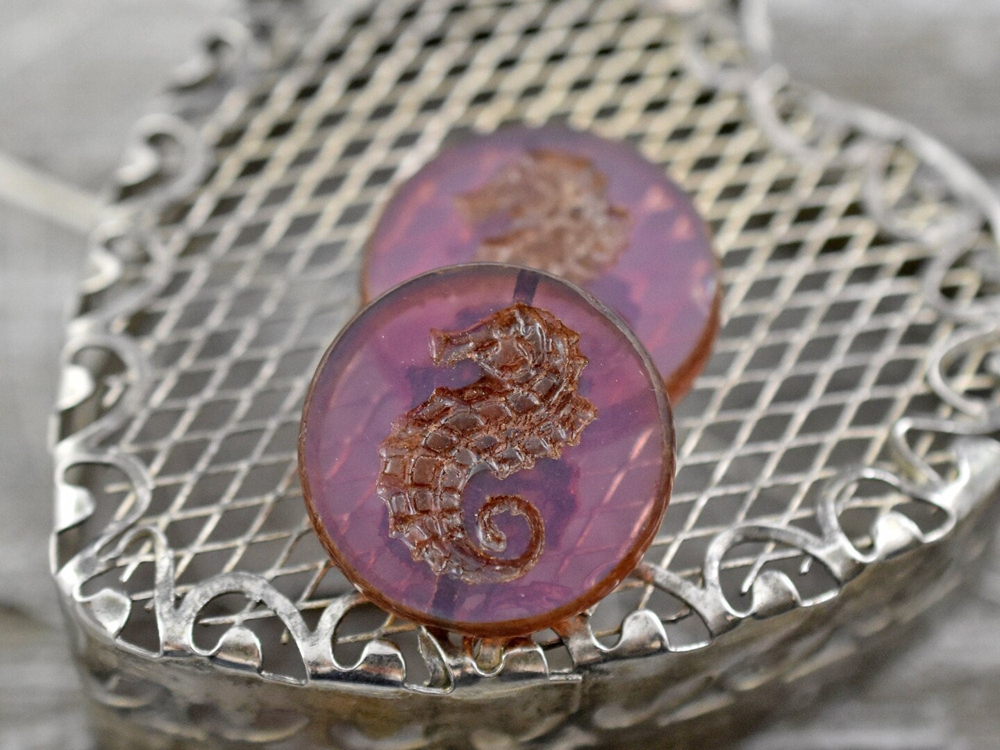 23mm Pink Opaline Picasso Table Cut Seahorse Coin Beads