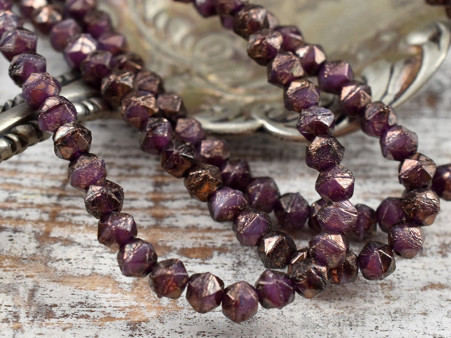 *50* 4mm Bronze Washed Purple Pansy English Cut Round Beads