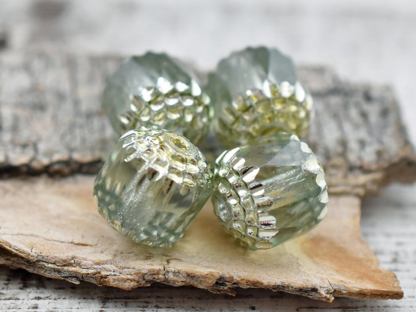 *6* 10mm Silver Washed Celadon Green Fire Polished Cathedral Beads