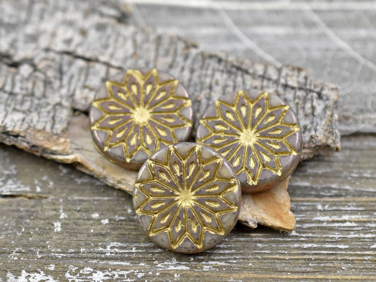 *2* 18mm Gold Finished Purple Luster Washed Opaque Beige Star Flower Coin Beads