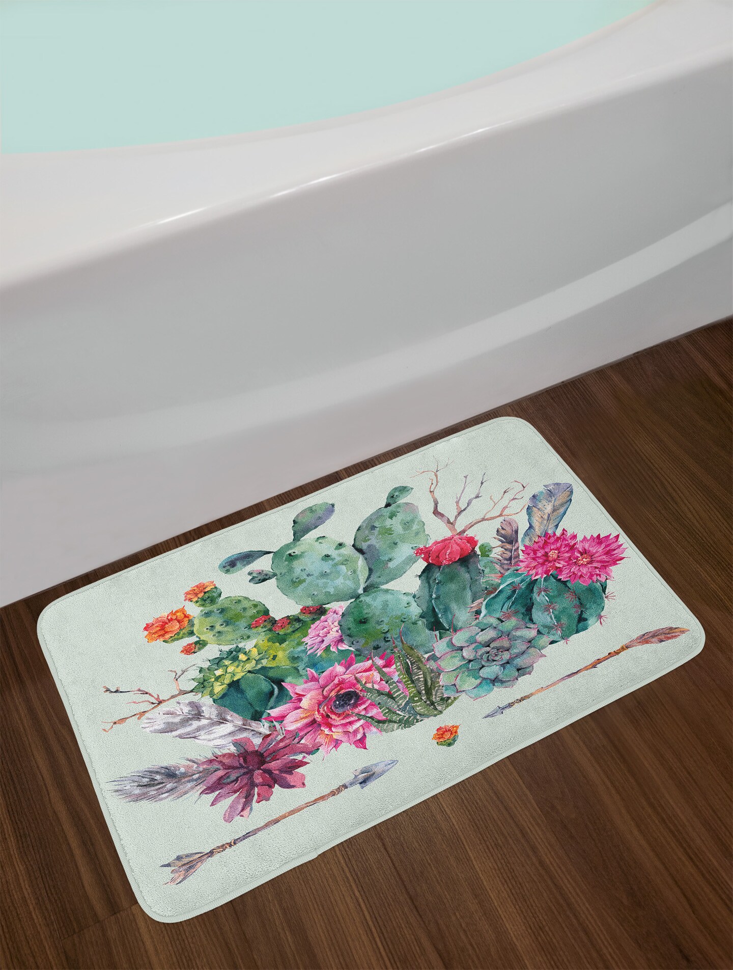 Ambesonne Cactus Bath Mat, Spring Garden with Boho Style Bouquet of Thorny Plants Blossoms Arrows Feathers, Plush Bathroom Decor Mat with Non Slip Backing, 29.5&#x22; X 17.5&#x22;, Mint Green
