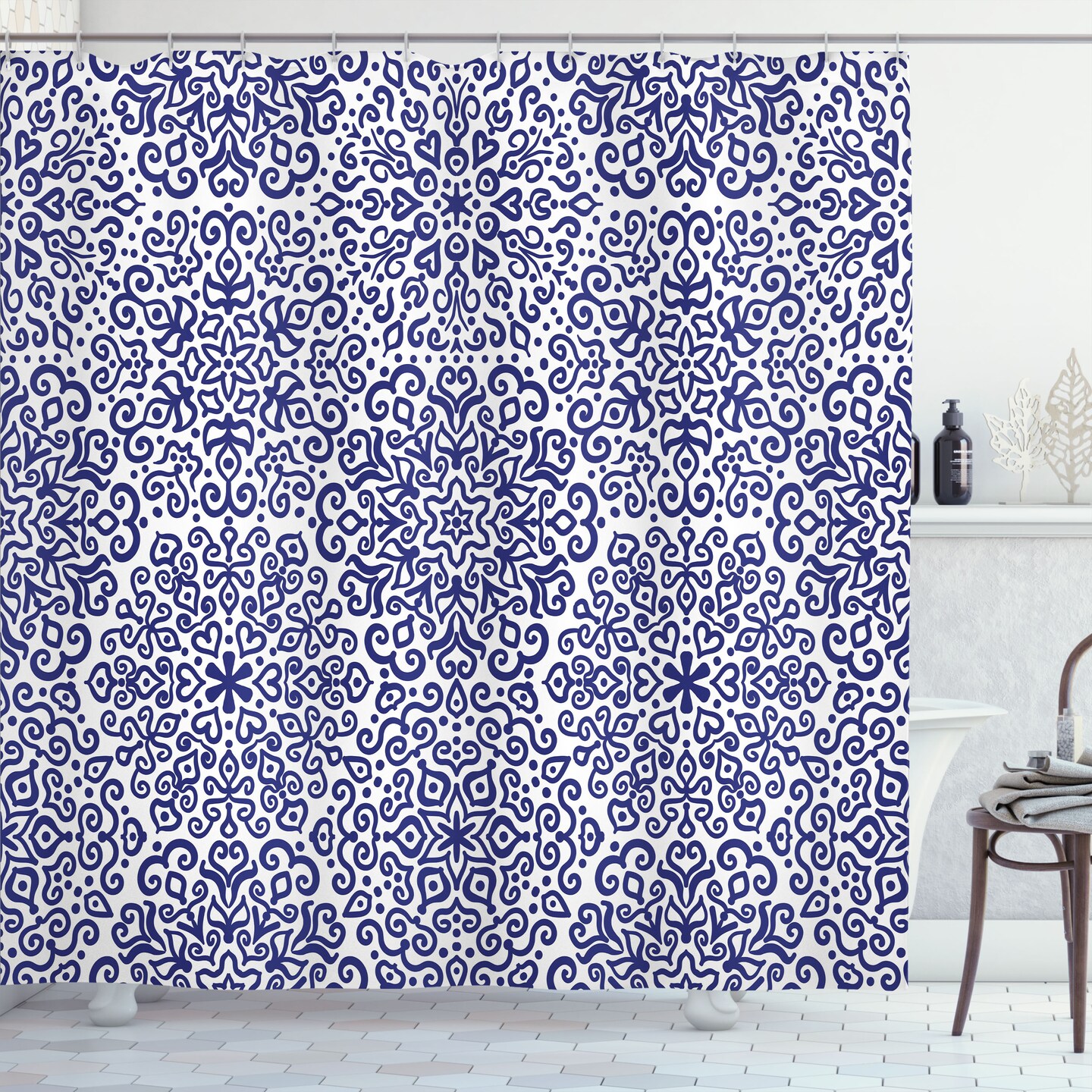 Ambesonne Indigo Shower Curtain, Mandala Pattern Little Blooms with Hearts Russian Style Pattern Print, Cloth Fabric Bathroom Decor Set with Hooks, 69" W x 70" L, Indigo and White