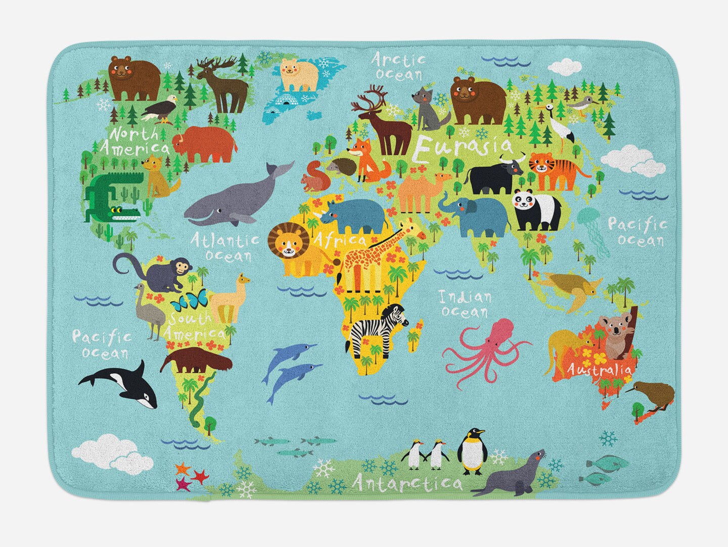 Ambesonne Wanderlust Bath Mat, Animal Map of The World for Children Kids Cartoon Mountains Forests, Plush Bathroom Decor Mat with Non Slip Backing, 29.5&#x22; X 17.5&#x22;, Pale Blue