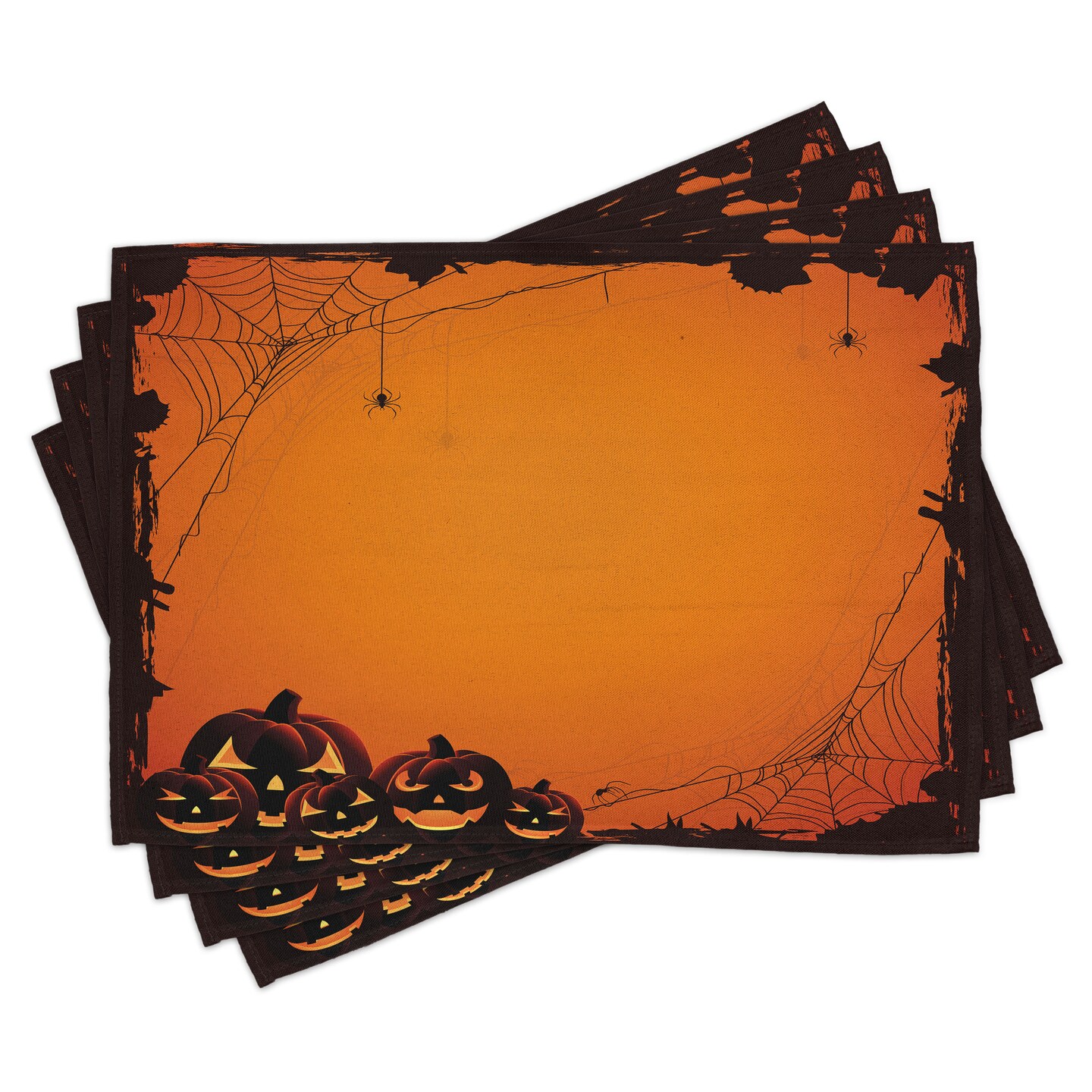 Ambesonne Halloween Place Mats Set of 4, Grunge Cartoon Jack O Lanterns Horror Time Of Year Trick Or Treat Print, Washable Fabric Placemats for Dining Table, Standard Size, Seal Brown Orange
