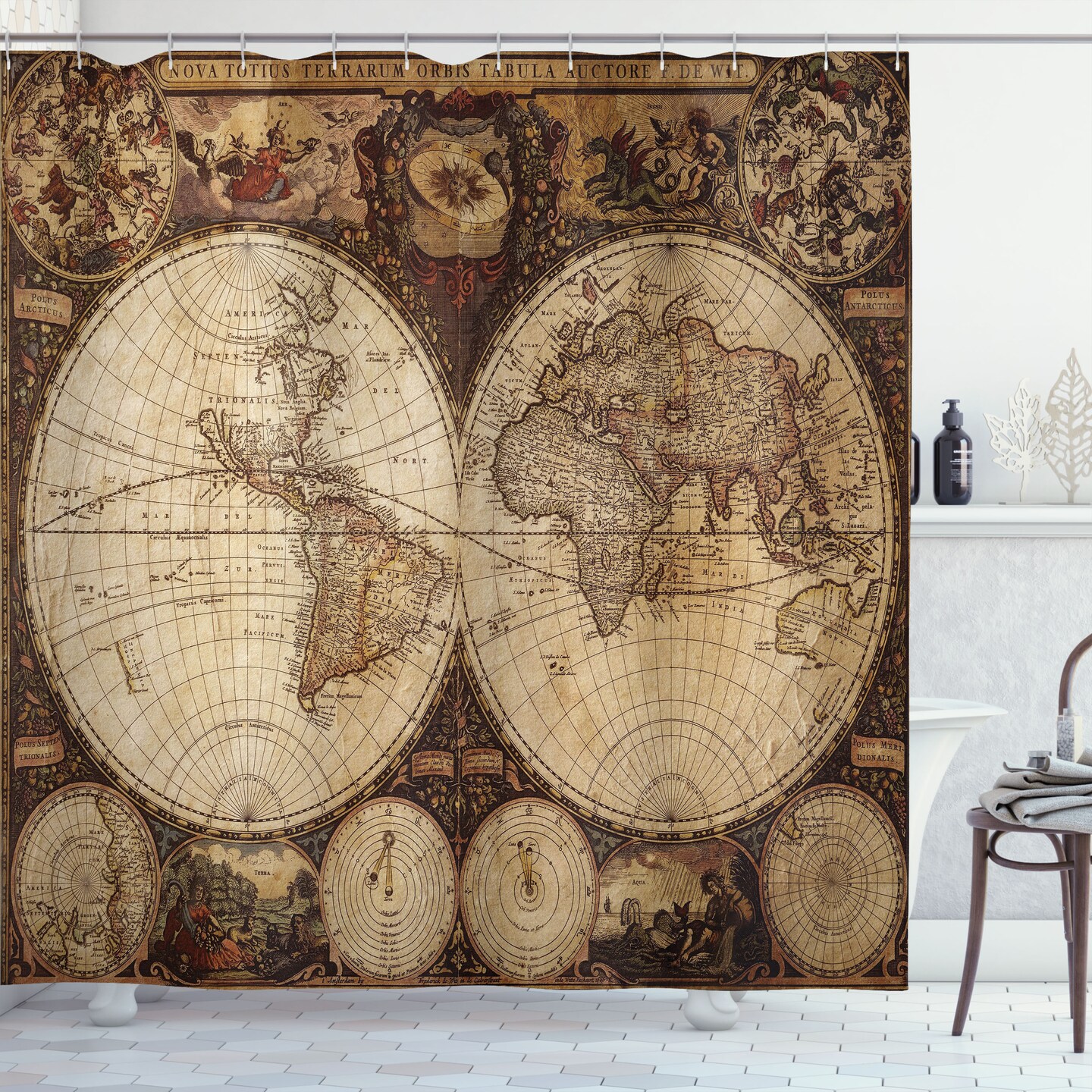 Ambesonne World Map Rustic Shower Curtain Retro Atlas Map Drawn in 1720&#x27;s Nostalgic Style Historical Vintage Design Cloth Fabric Decorative Set with Hooks for Master Bathroom 69&#x22; W x 70&#x22; L Multicolor