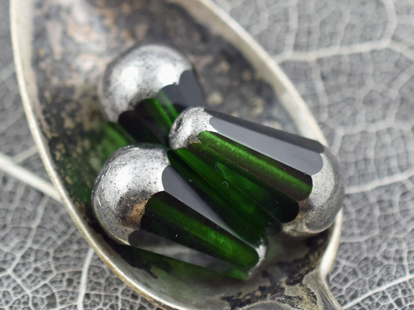*4* 8x15mm Silver Tipped Emerald Green Faceted Drop Beads