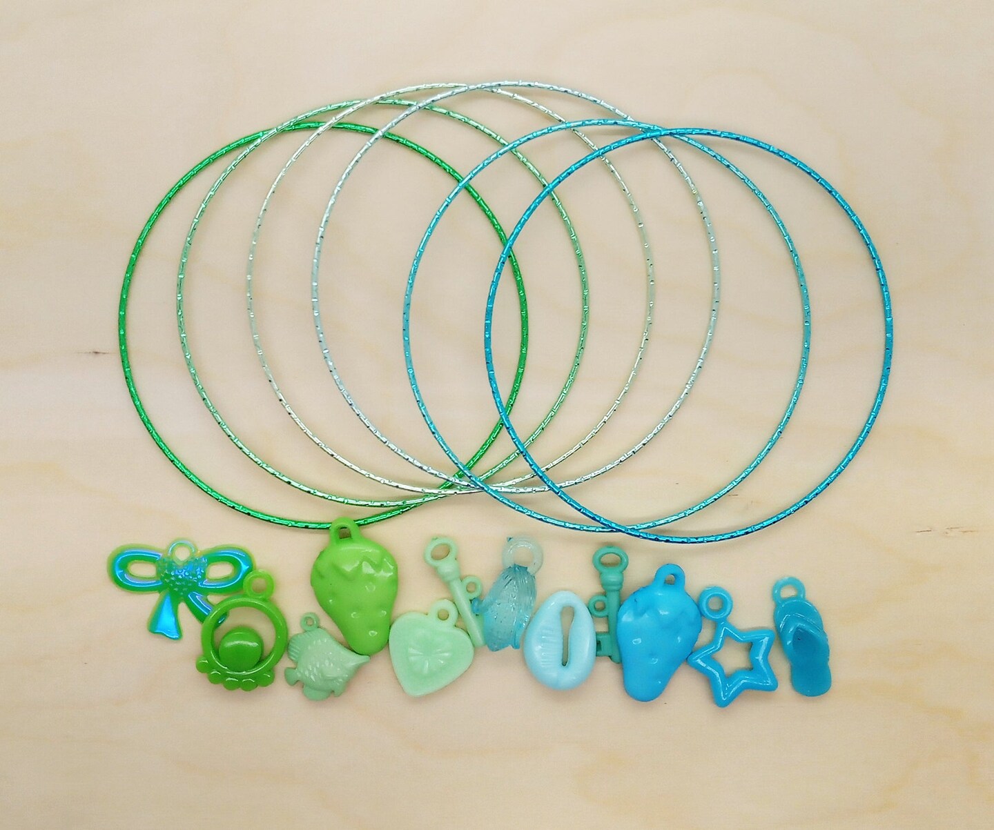 Charm Bracelet Kit: Cute Charms with Blue &#x26; Green Bangles, Makes 6 Bracelets, Adorabilities