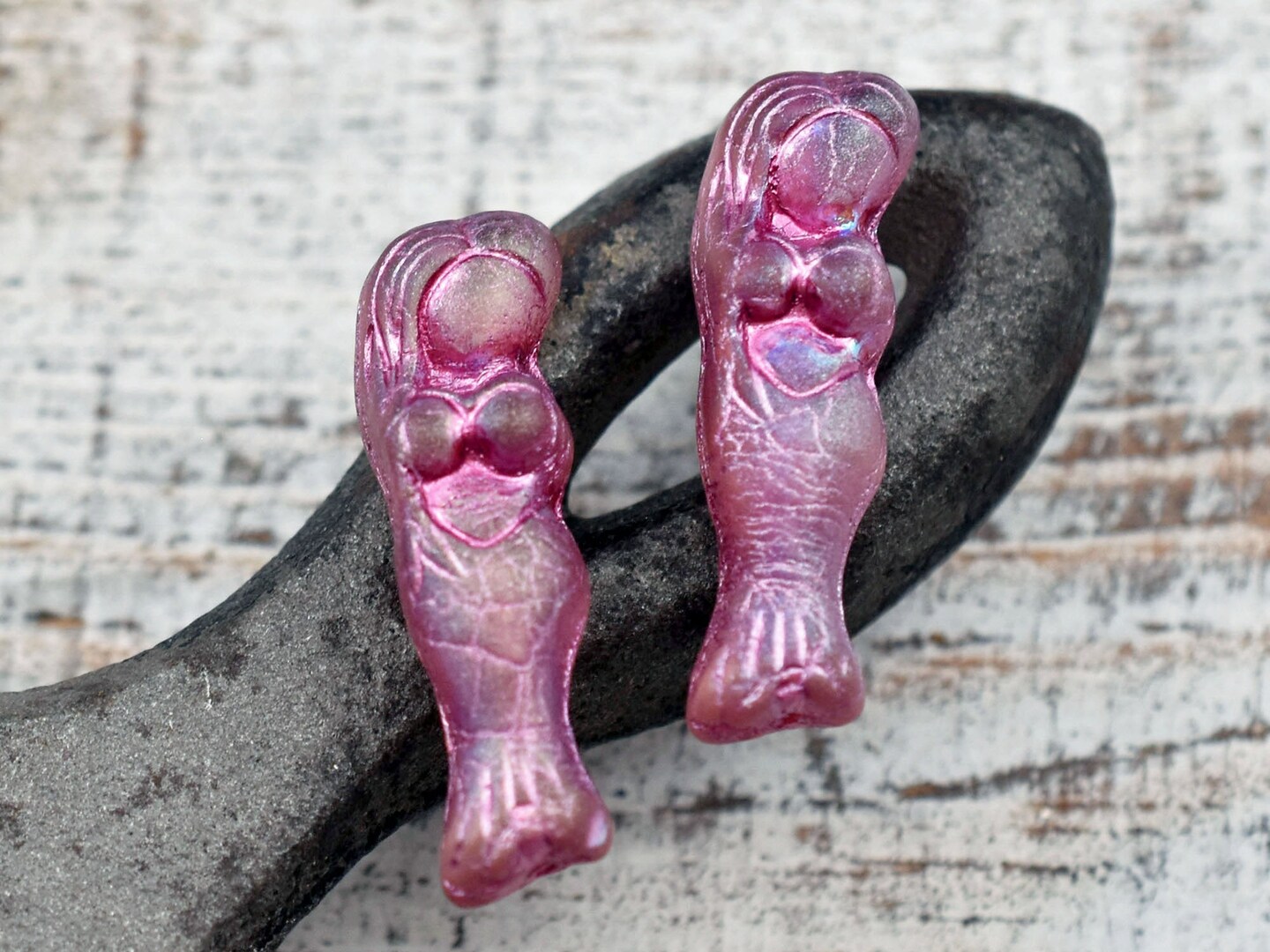 *2* 5x28mm Pink Washed Matte Crystal AB Mermaid Beads